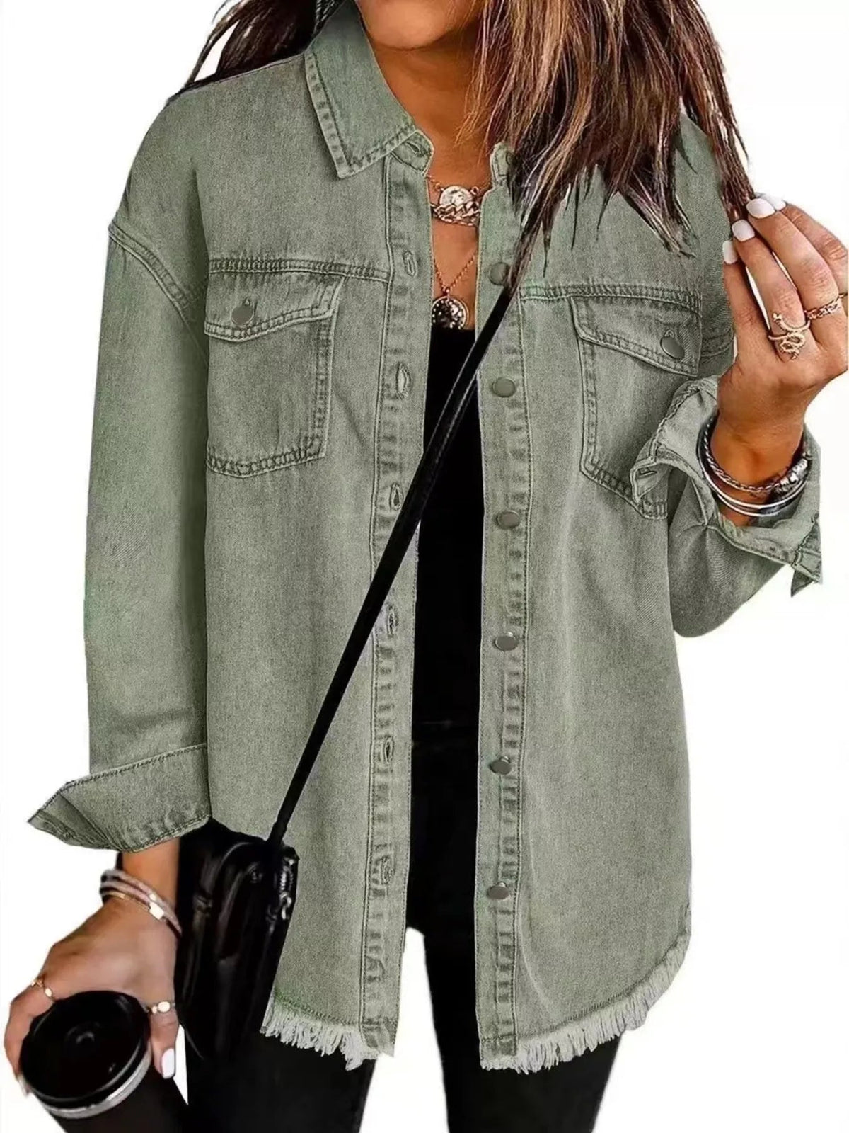 Frayed Hem Button Up Denim Jacket - TheMomCo.