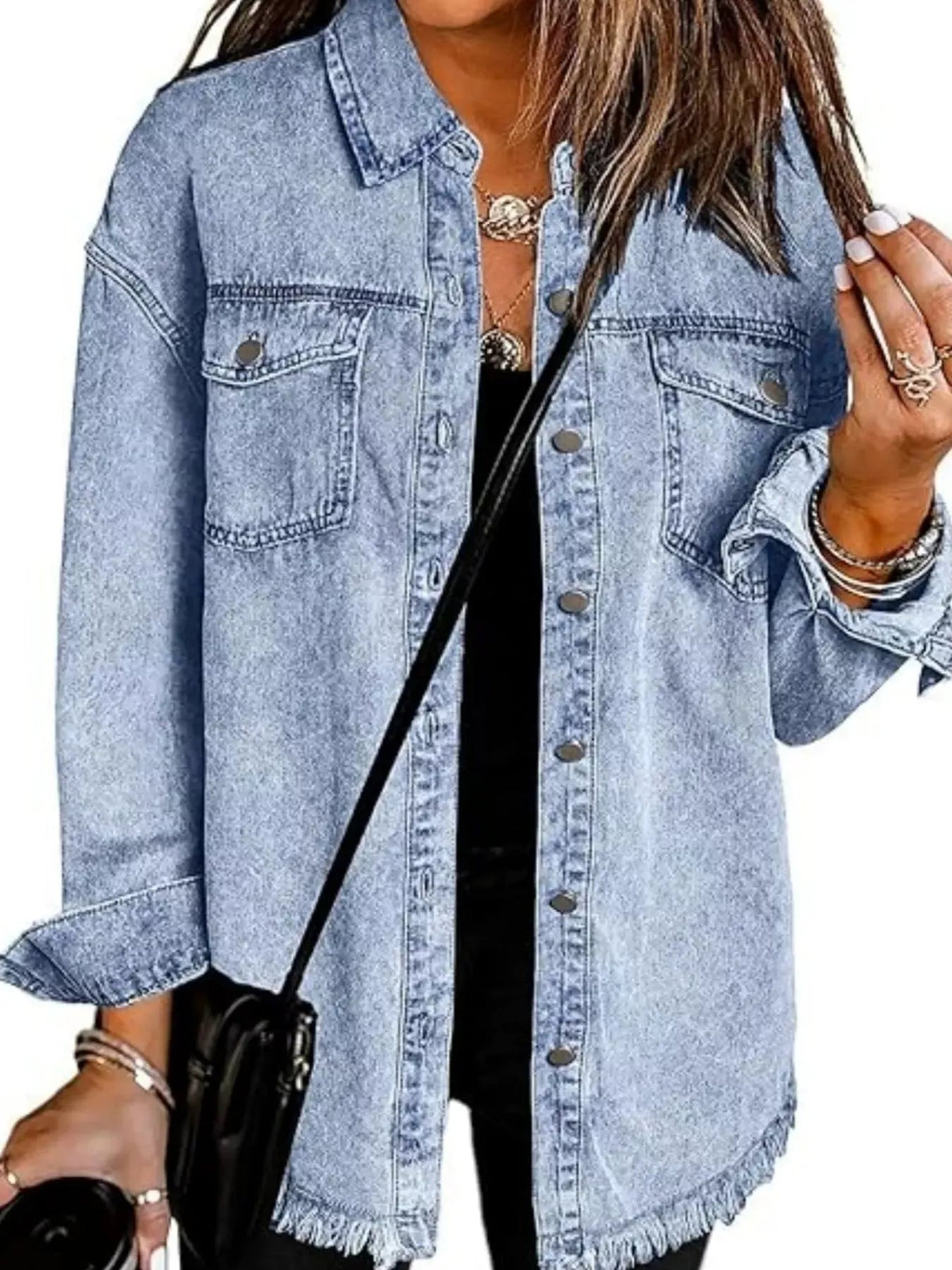 Frayed Hem Button Up Denim Jacket - TheMomCo.