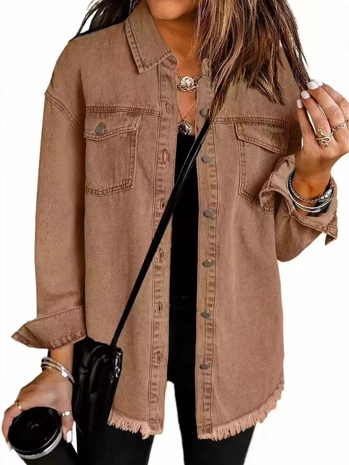 Frayed Hem Button Up Denim Jacket - TheMomCo.