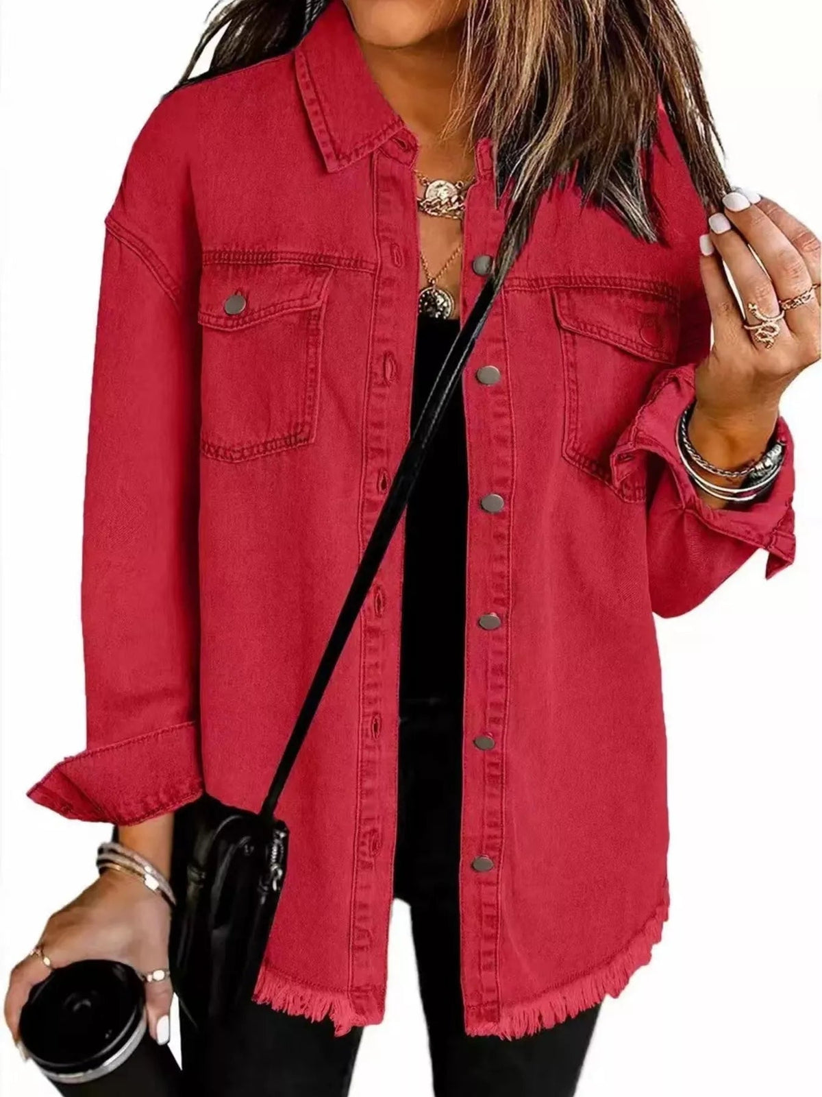 Frayed Hem Button Up Denim Jacket - TheMomCo.