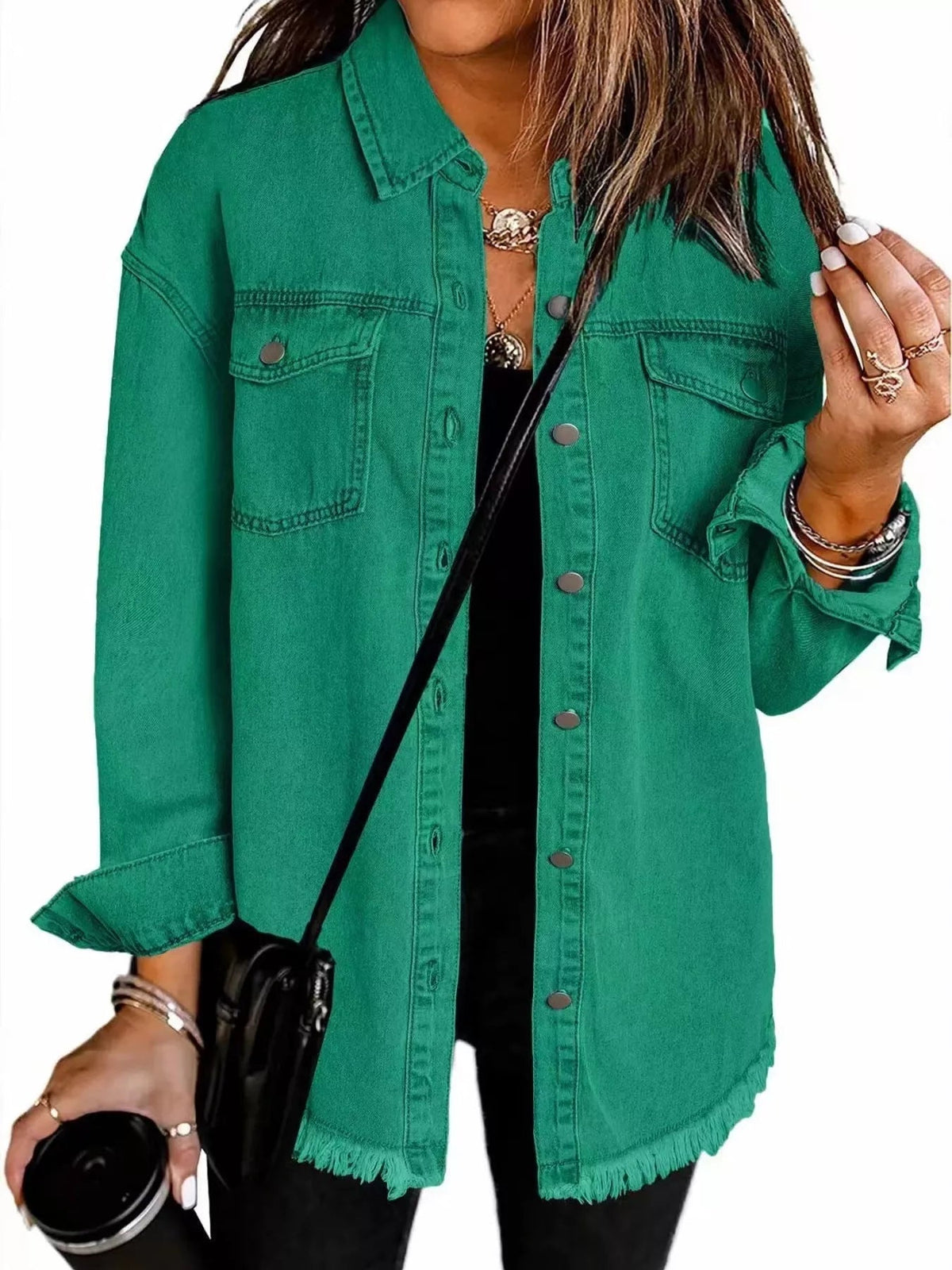 Frayed Hem Button Up Denim Jacket - TheMomCo.