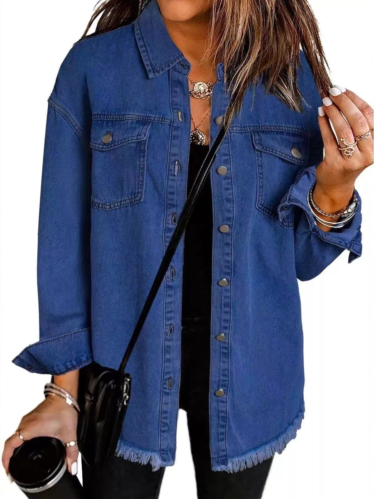 Frayed Hem Button Up Denim Jacket - TheMomCo.
