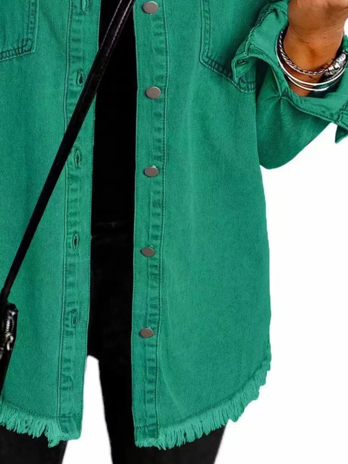 Frayed Hem Button Up Denim Jacket - TheMomCo.