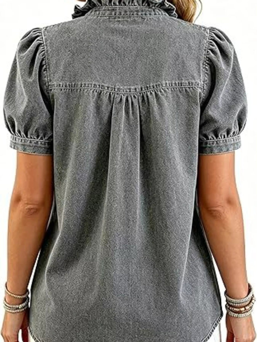 Frill Puff Sleeve Denim Top - TheMomCo.