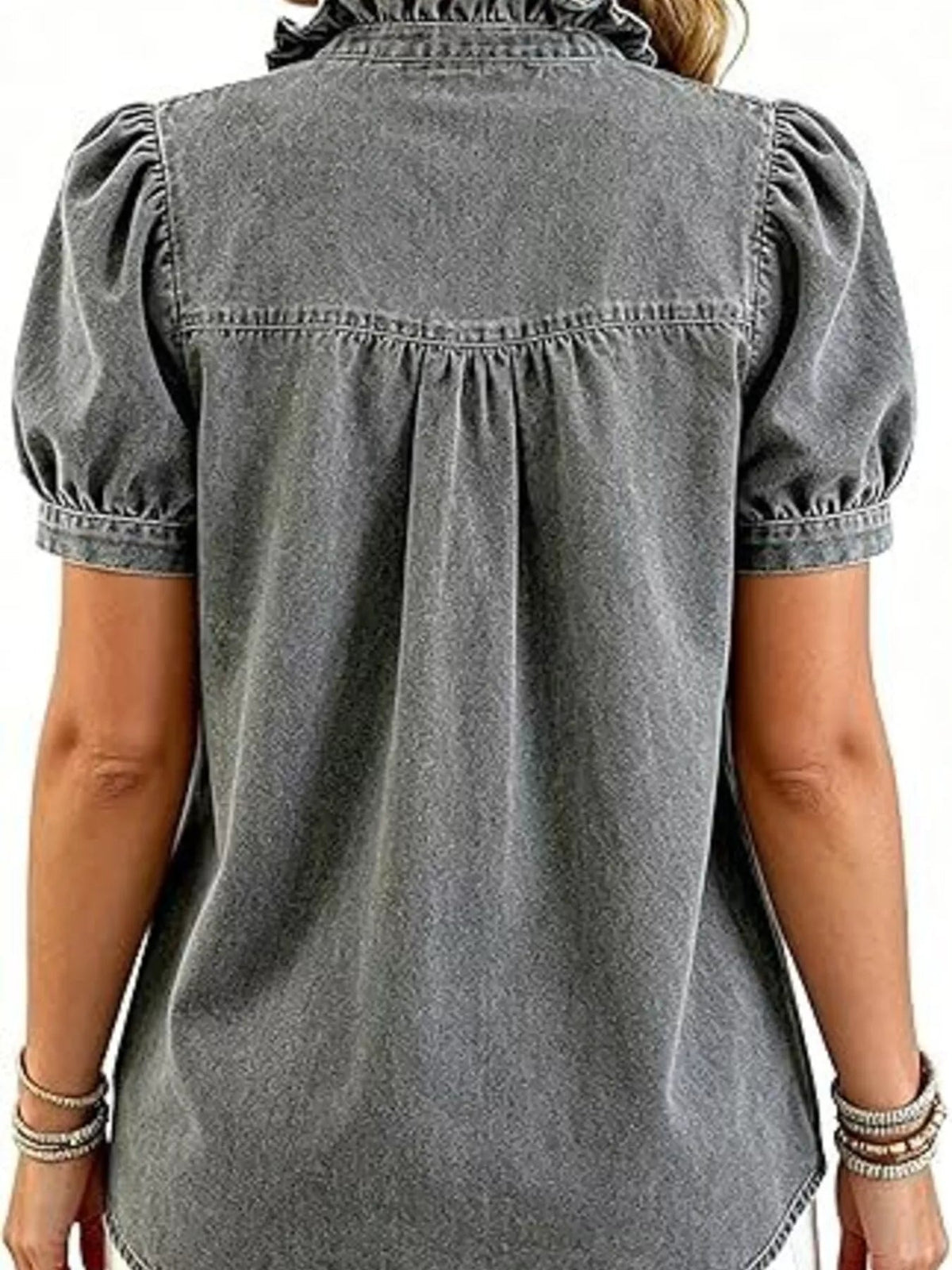 Frill Puff Sleeve Denim Top - TheMomCo.