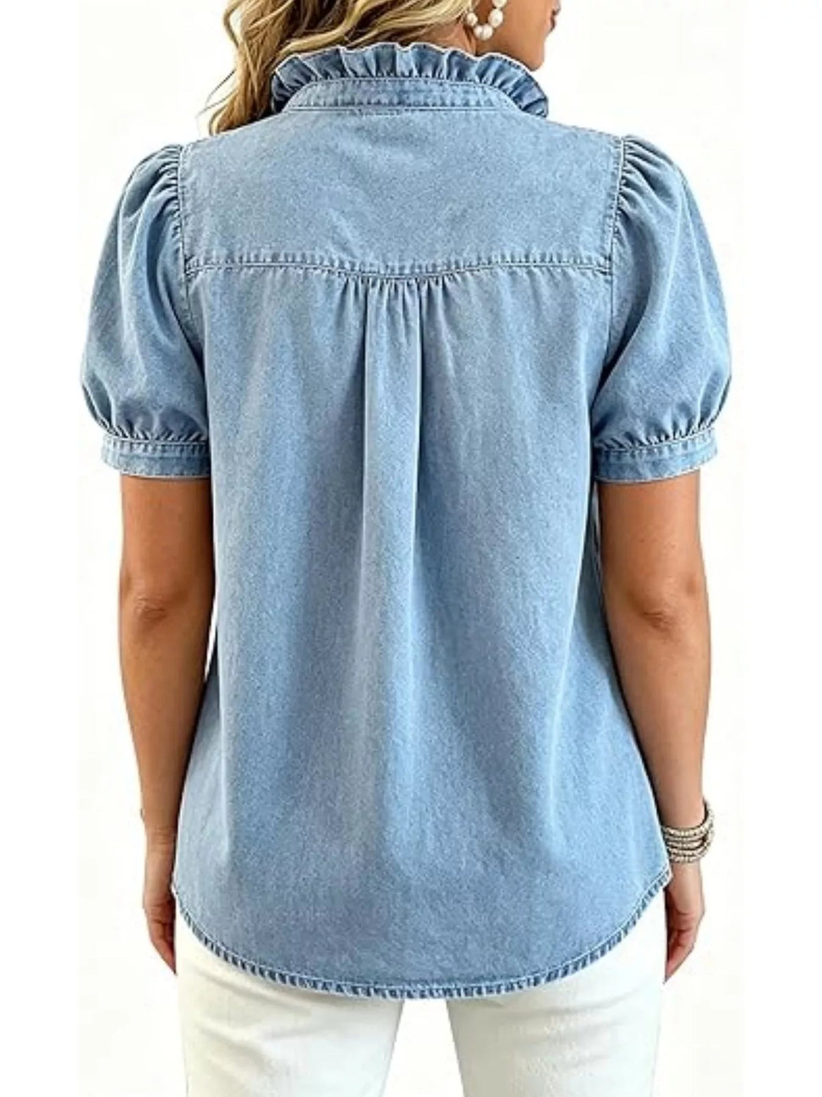 Frill Puff Sleeve Denim Top - TheMomCo.