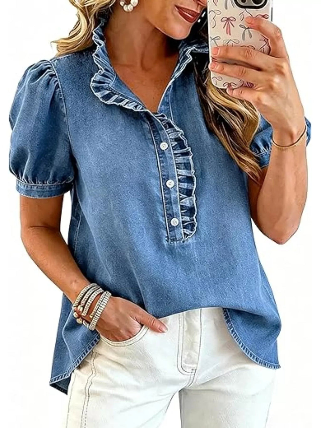 Frill Puff Sleeve Denim Top - TheMomCo.
