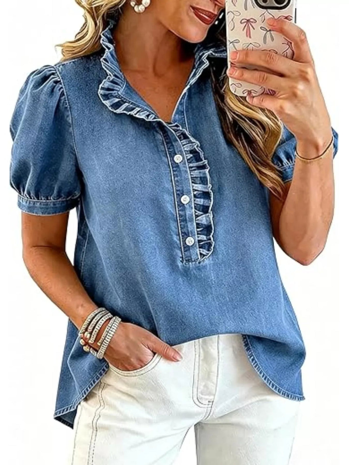 Frill Puff Sleeve Denim Top - TheMomCo.