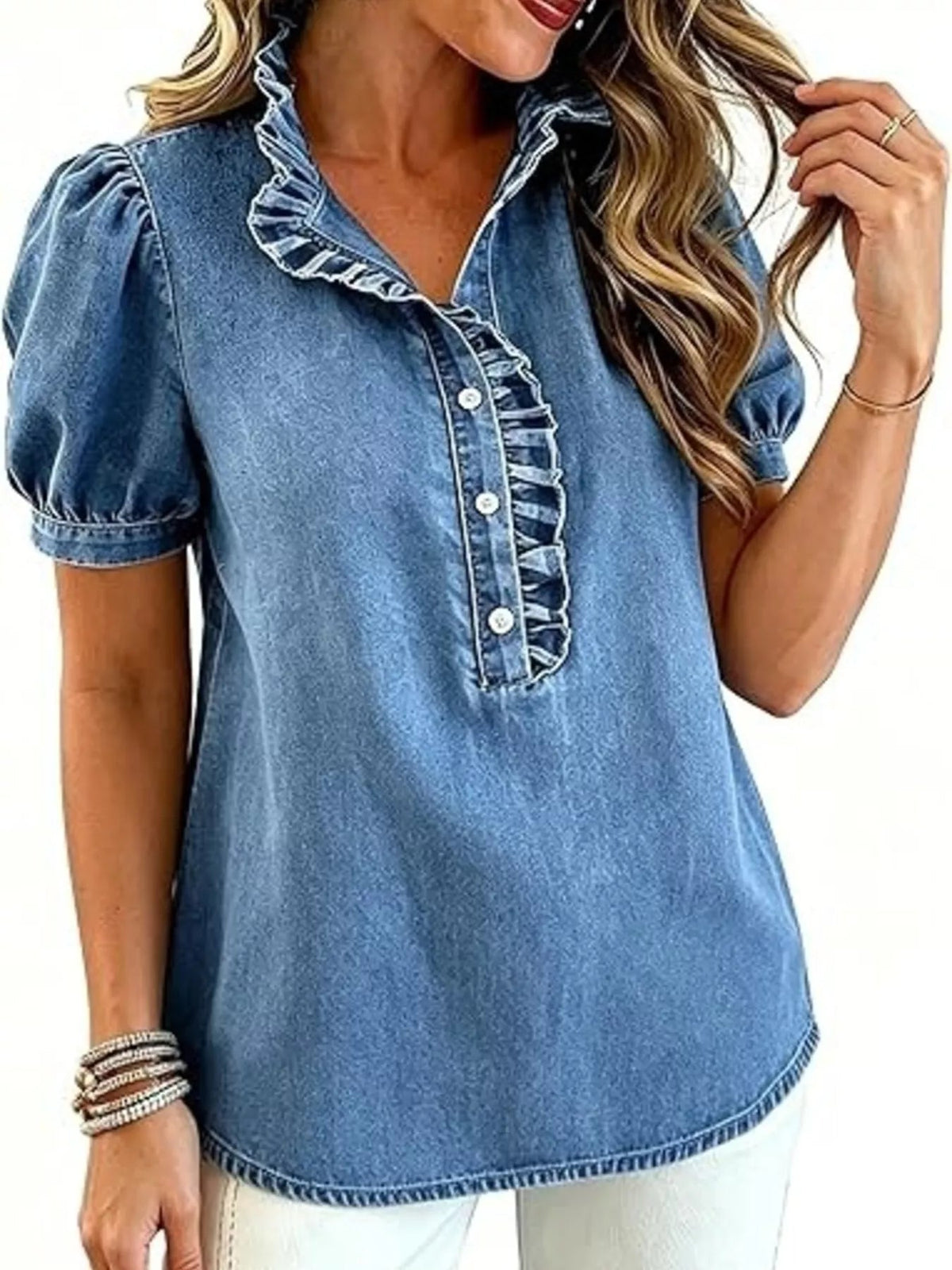 Frill Puff Sleeve Denim Top - TheMomCo.