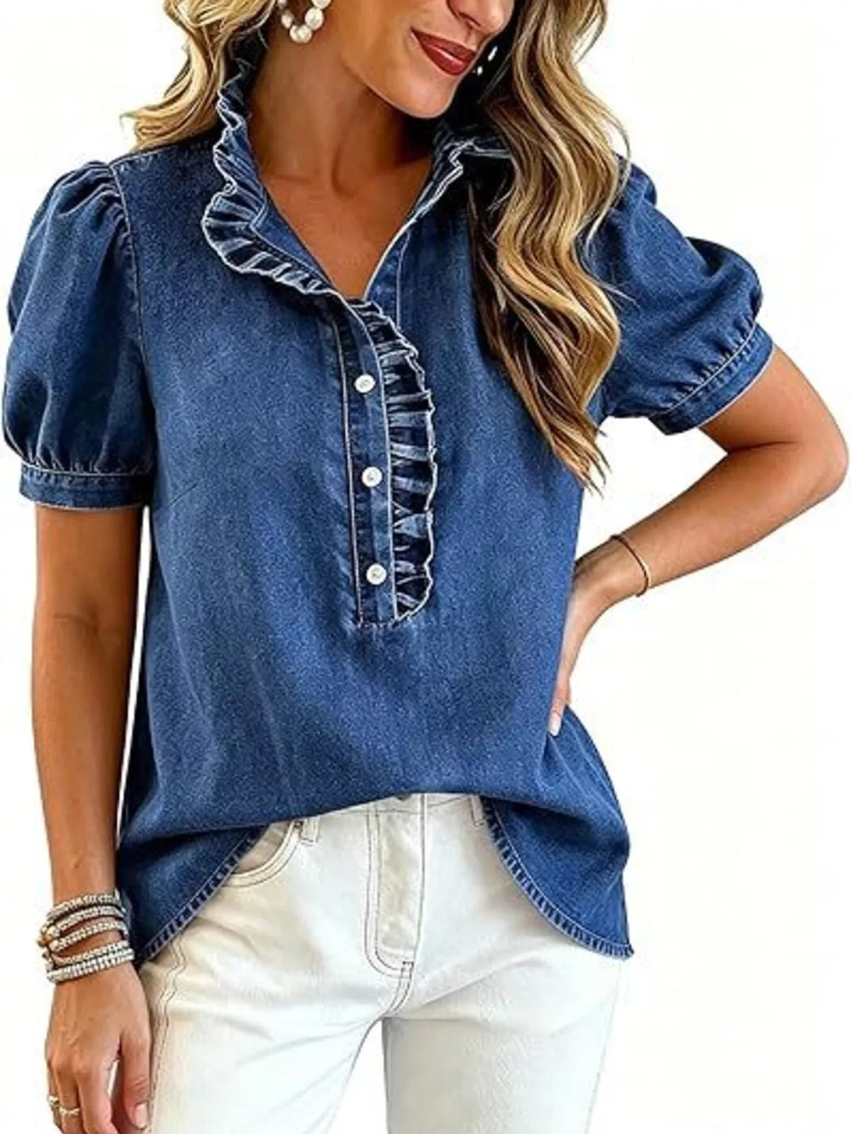Frill Puff Sleeve Denim Top - TheMomCo.