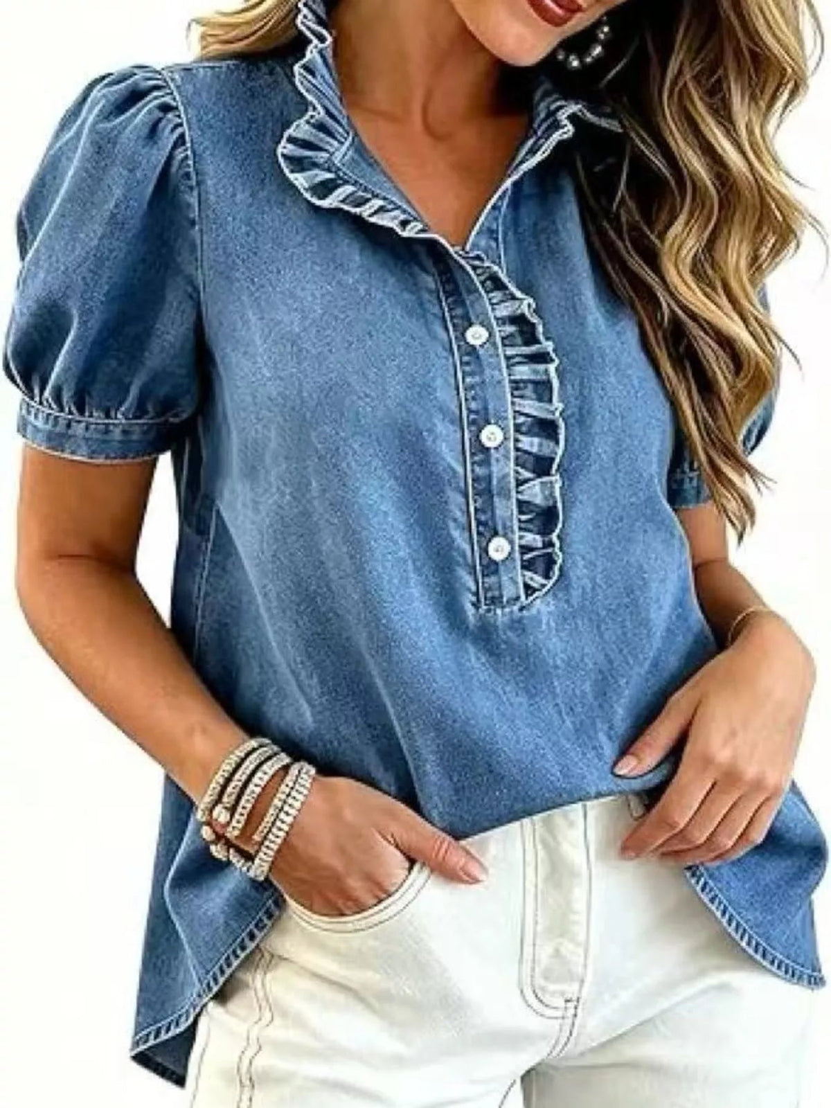 Frill Puff Sleeve Denim Top - TheMomCo.