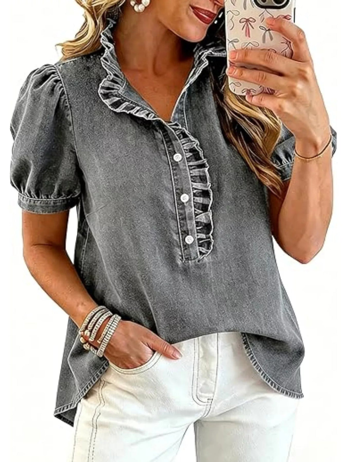 Frill Puff Sleeve Denim Top - TheMomCo.