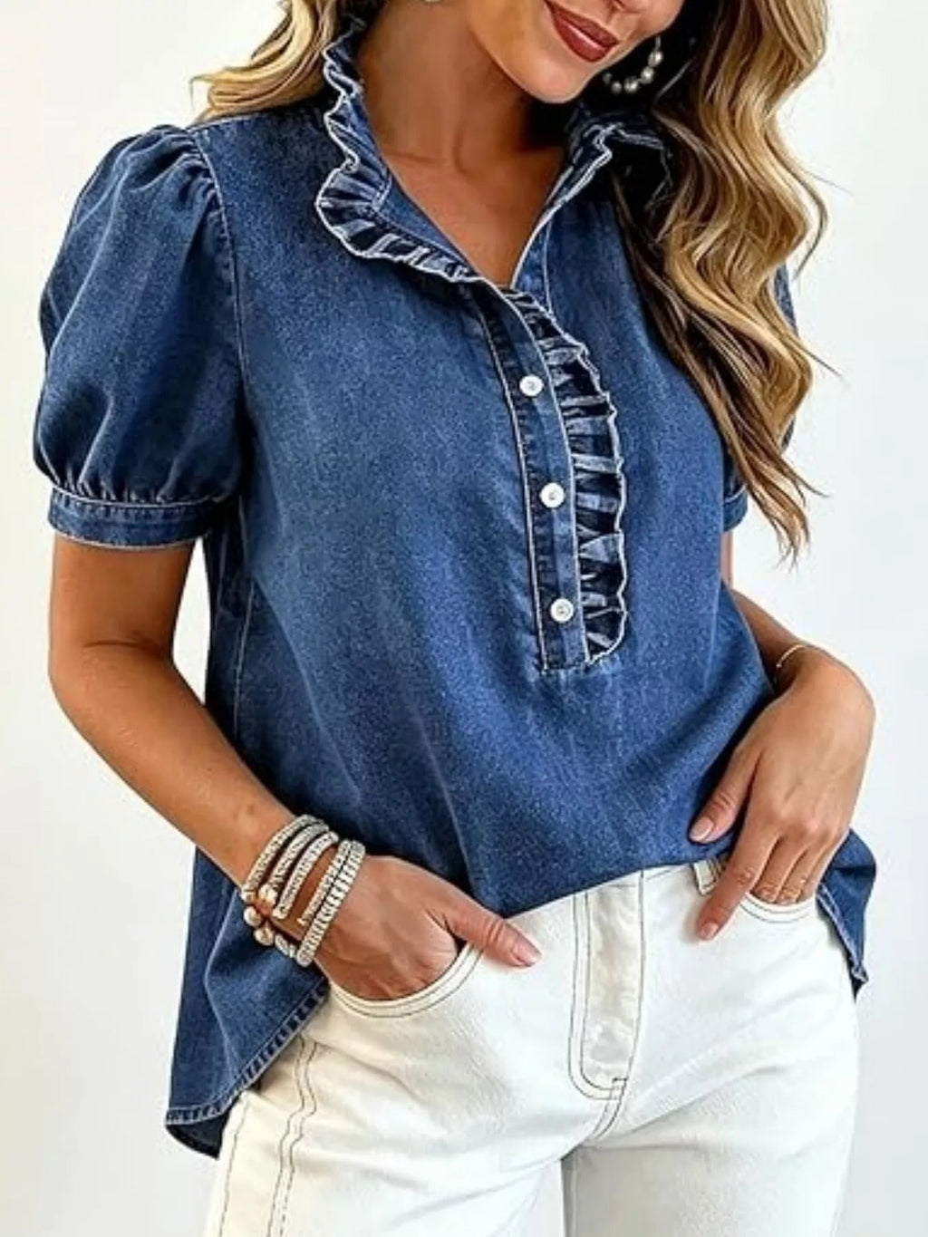 Frill Puff Sleeve Denim Top - TheMomCo.