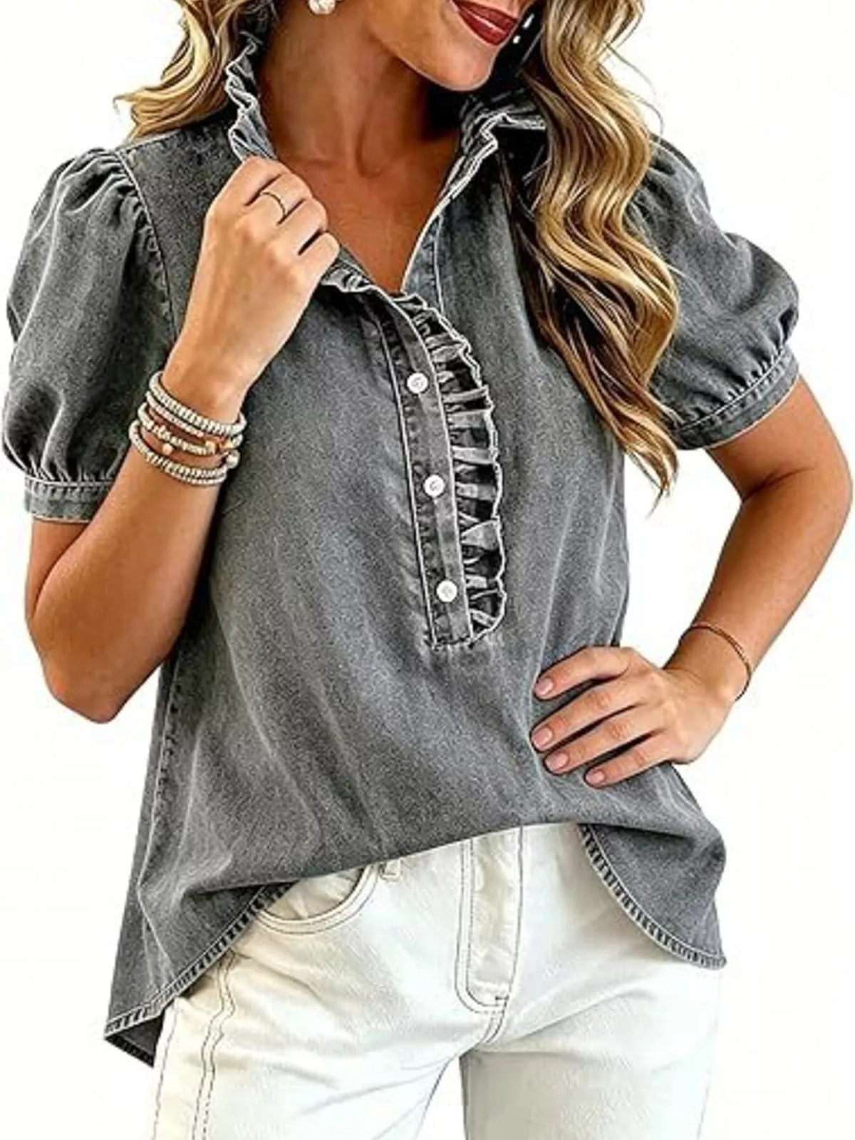 Frill Puff Sleeve Denim Top - TheMomCo.