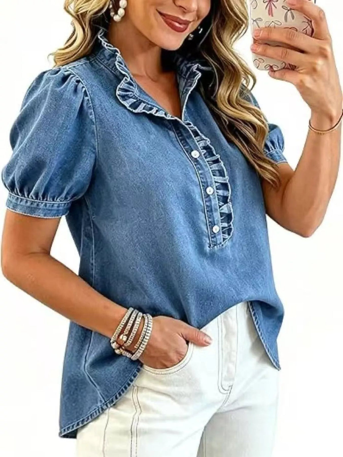 Frill Puff Sleeve Denim Top - TheMomCo.