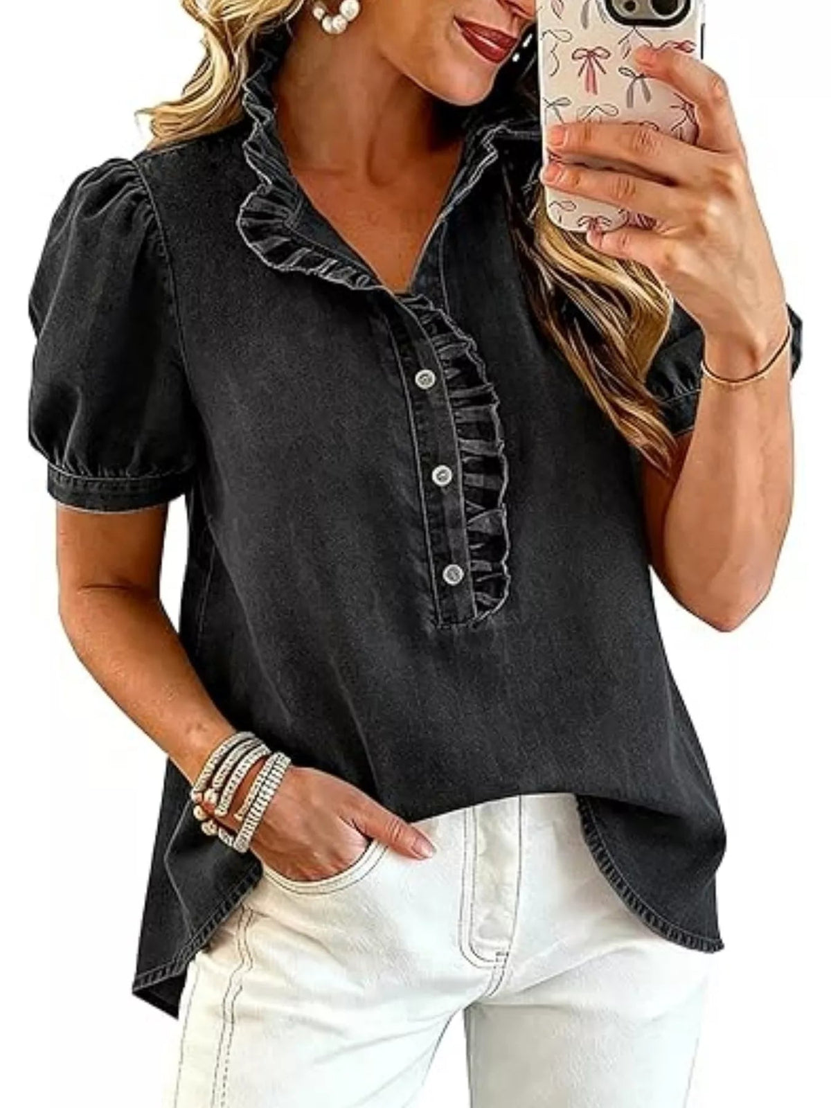 Frill Puff Sleeve Denim Top - TheMomCo.