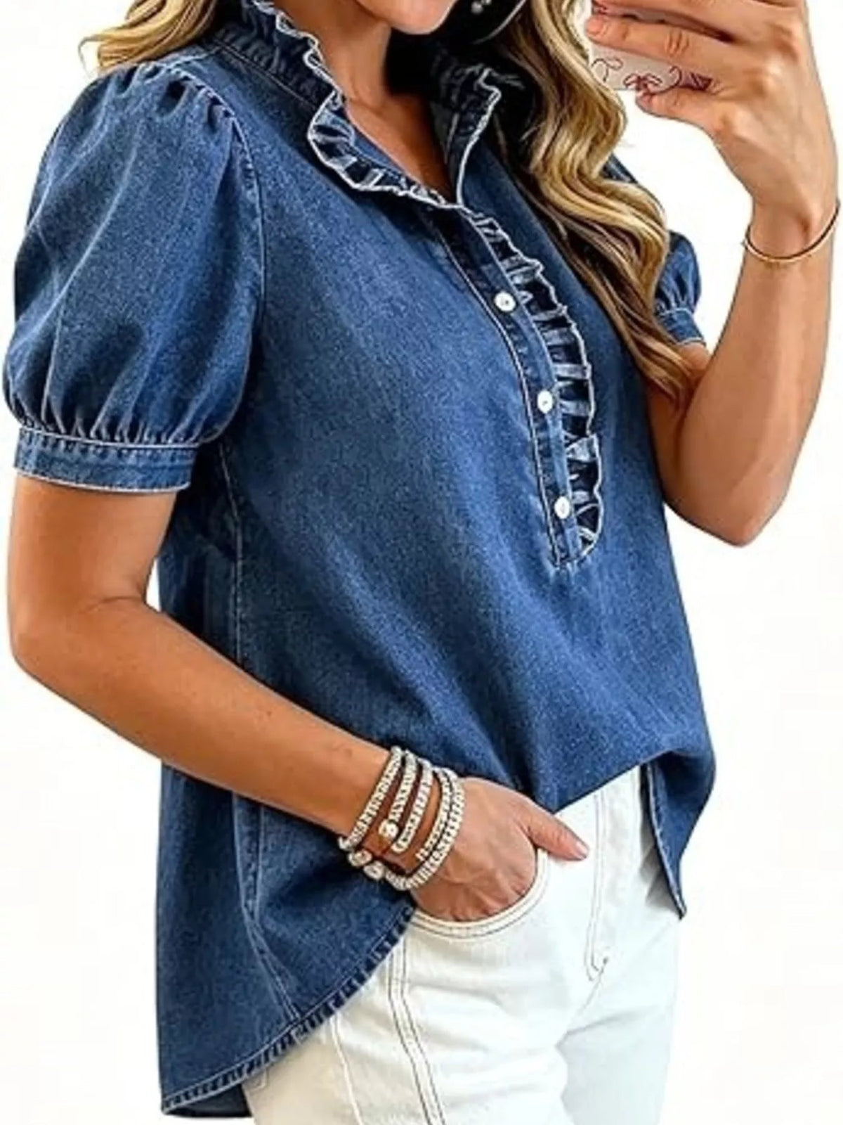 Frill Puff Sleeve Denim Top - TheMomCo.