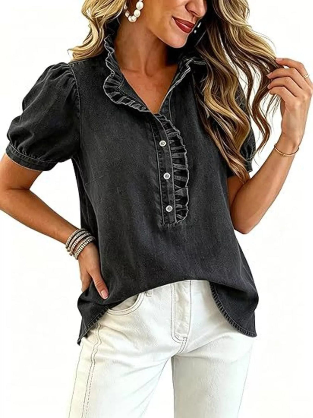 Frill Puff Sleeve Denim Top - TheMomCo.