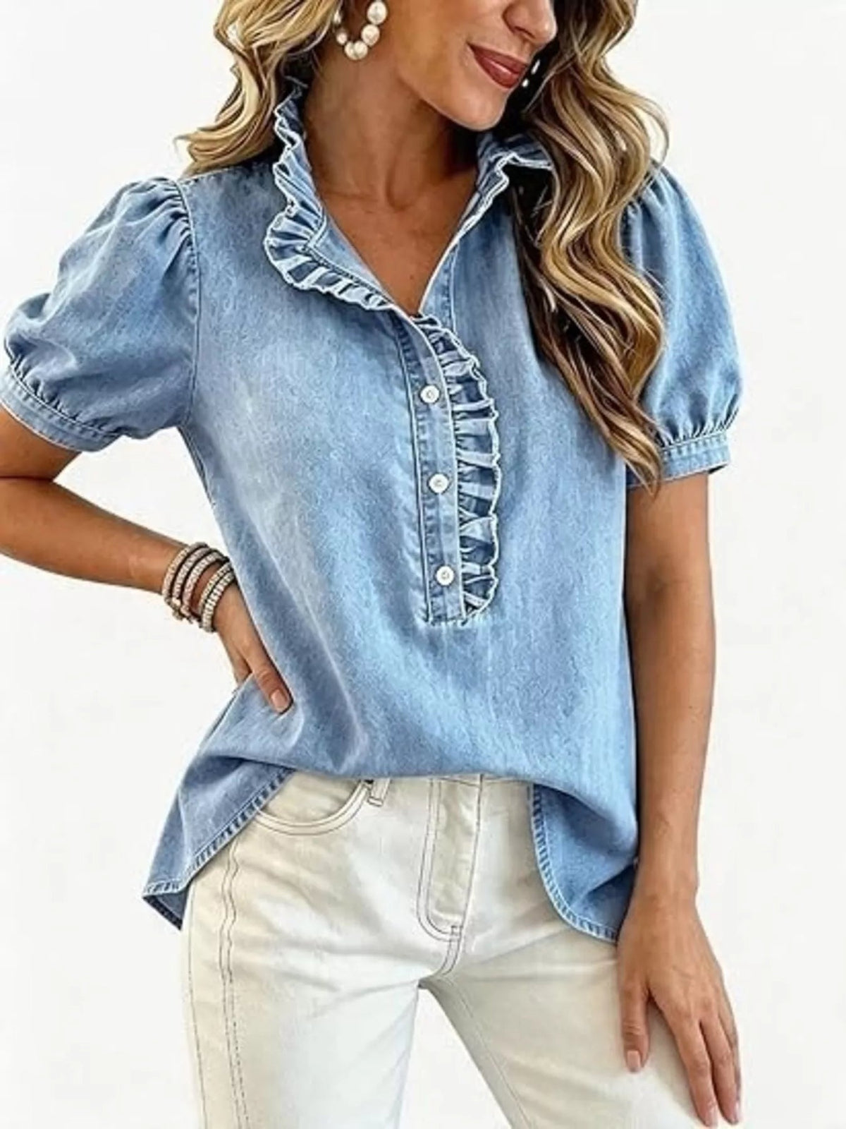 Frill Puff Sleeve Denim Top - TheMomCo.