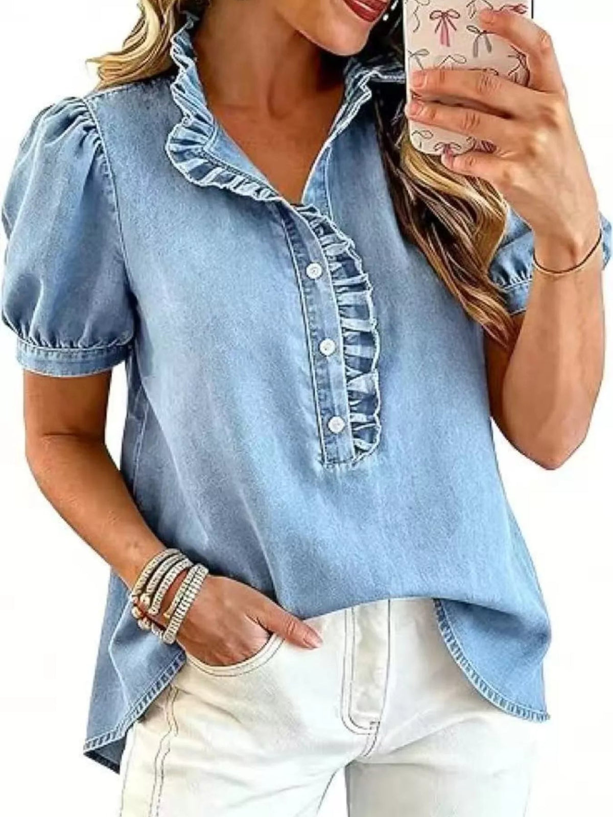 Frill Puff Sleeve Denim Top - TheMomCo.