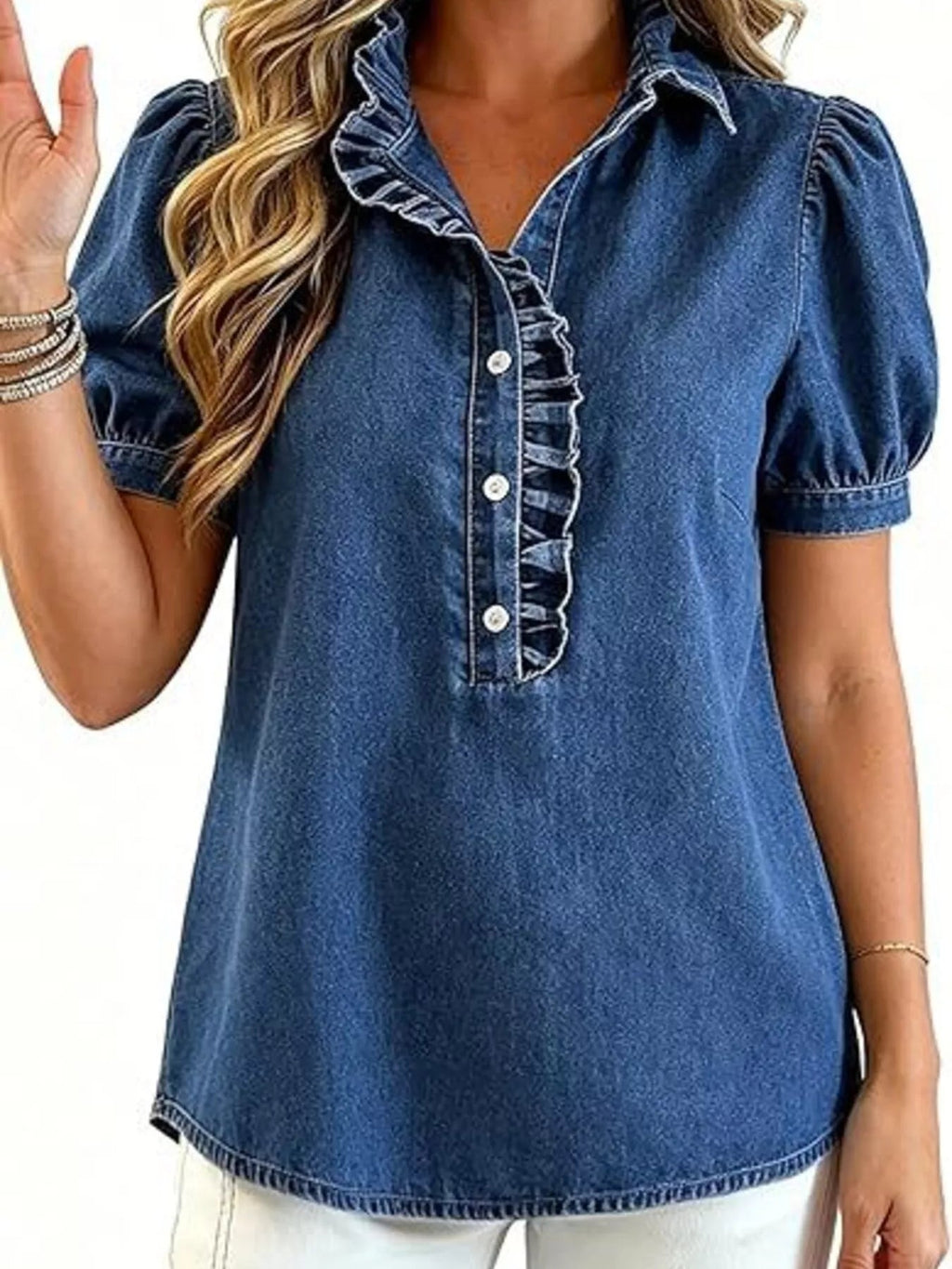 Frill Puff Sleeve Denim Top - TheMomCo.