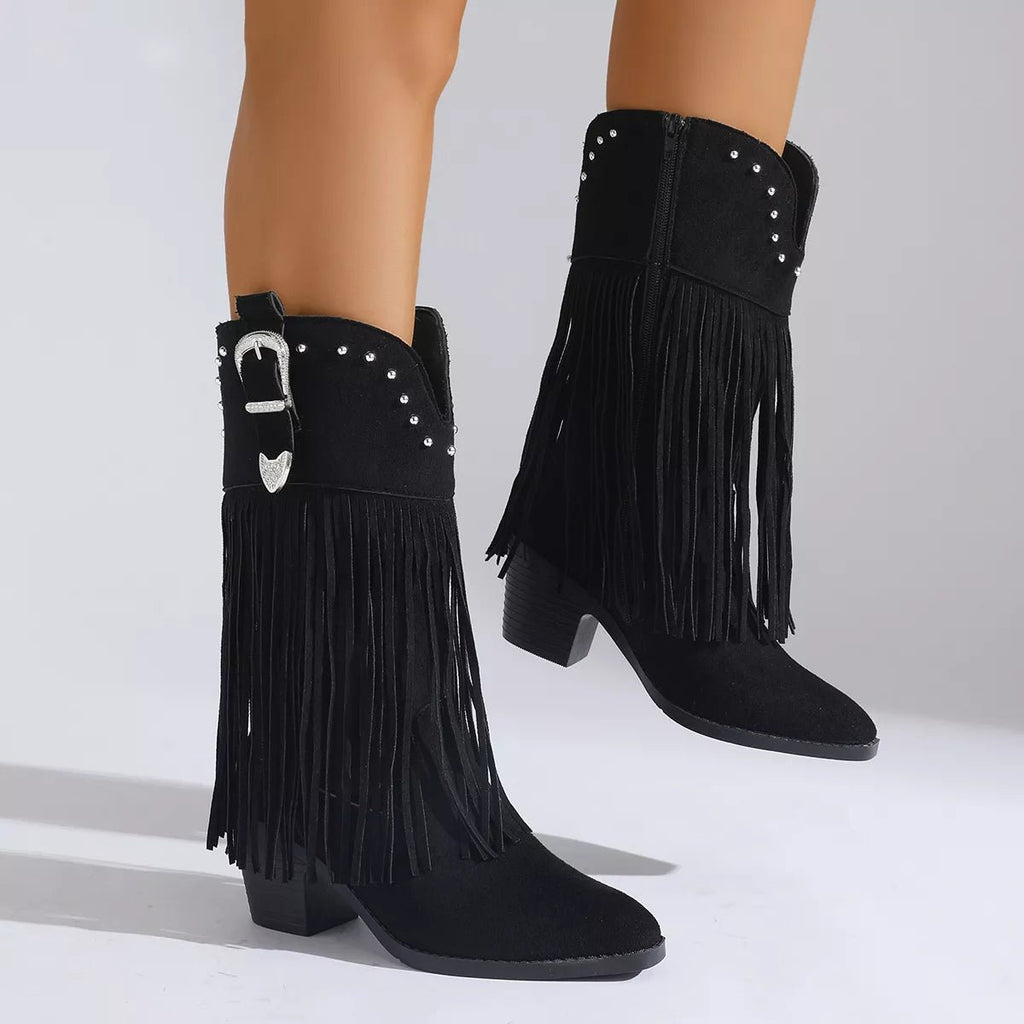 Fringe Round Toe Block Heels Boots - TheMomCo.