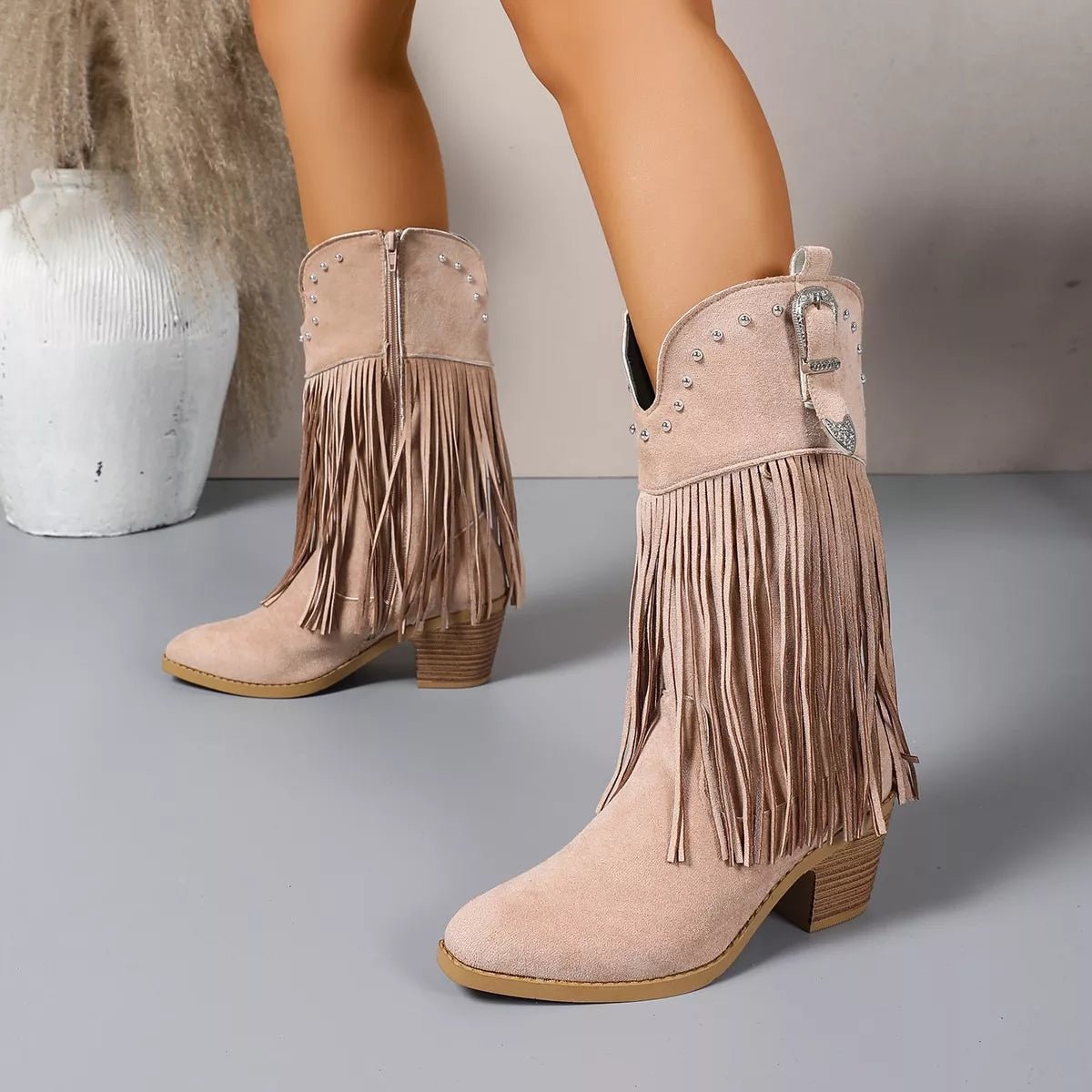 Fringe Round Toe Block Heels Boots - TheMomCo.