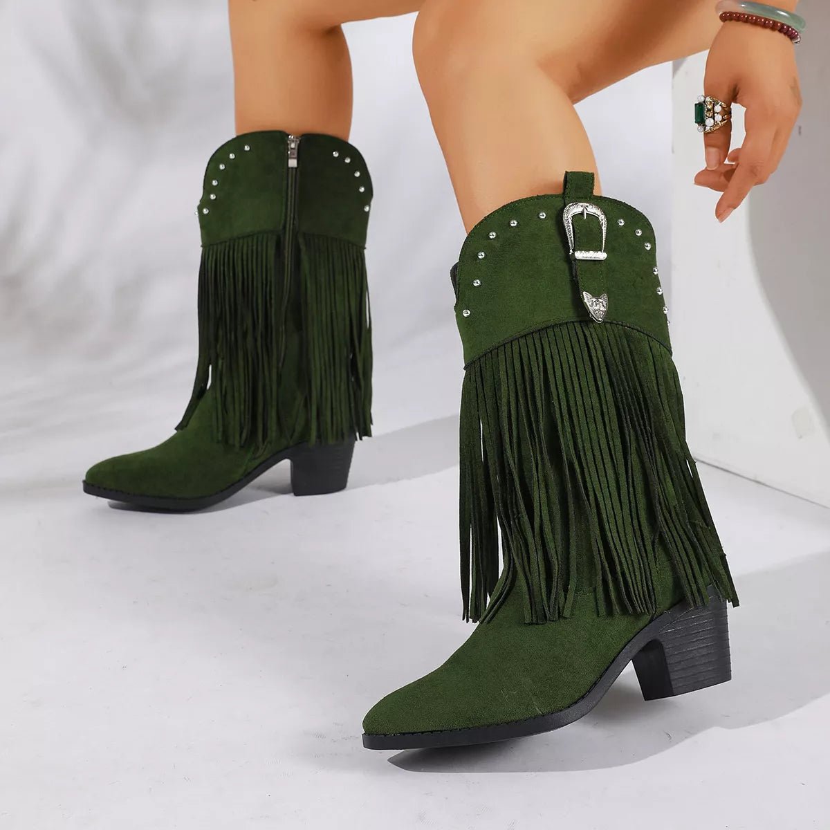 Fringe Round Toe Block Heels Boots - TheMomCo.