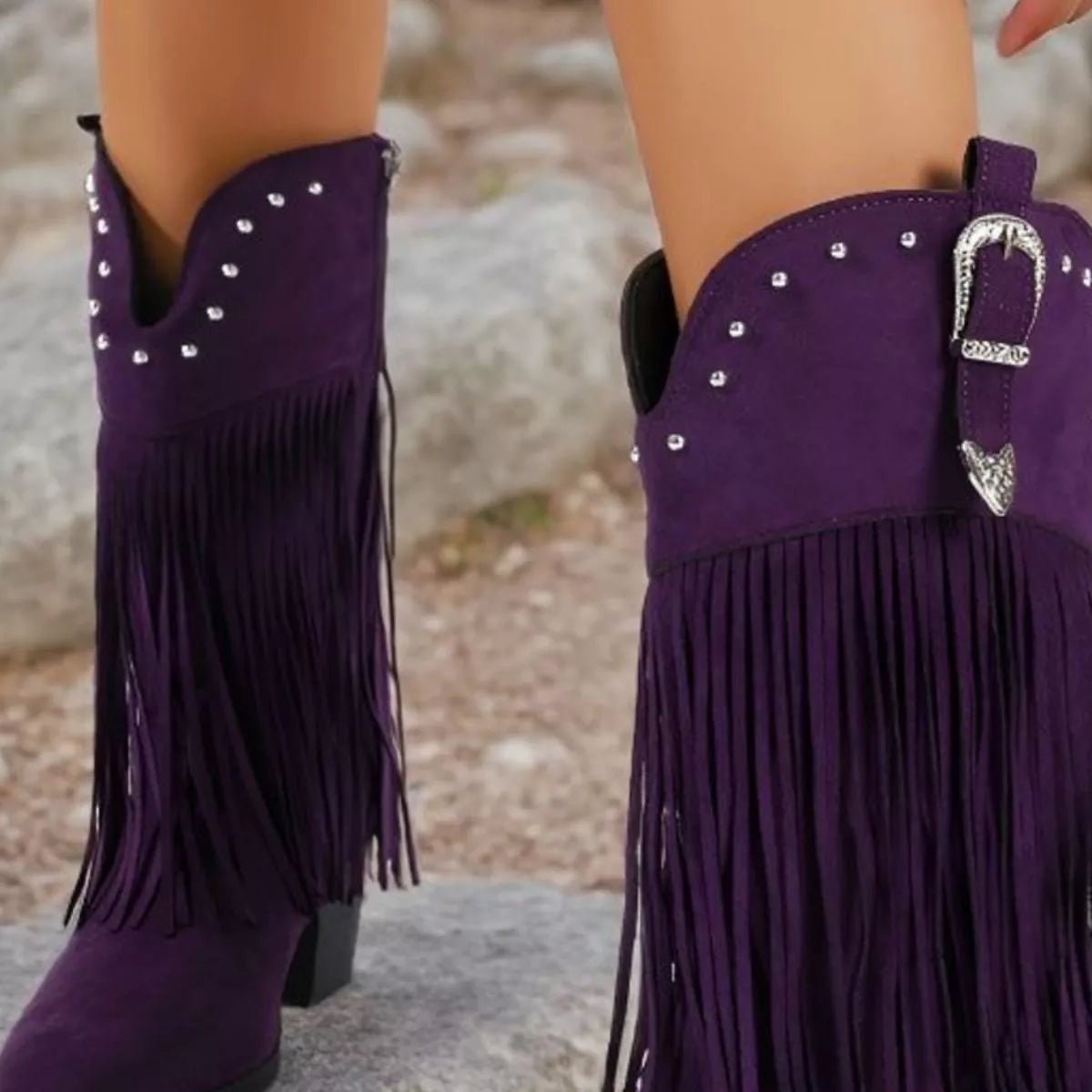 Fringe Round Toe Block Heels Boots - TheMomCo.