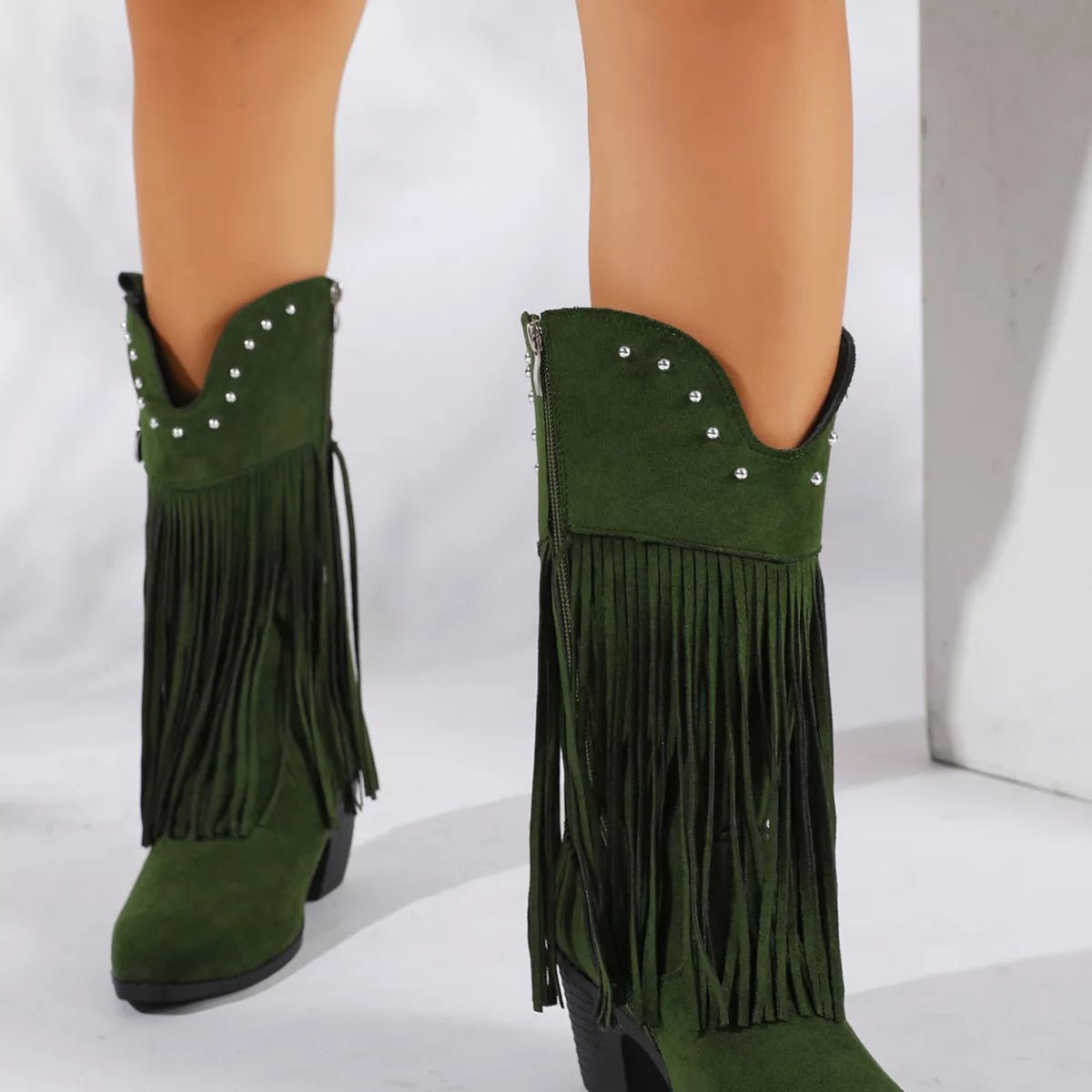 Fringe Round Toe Block Heels Boots - TheMomCo.