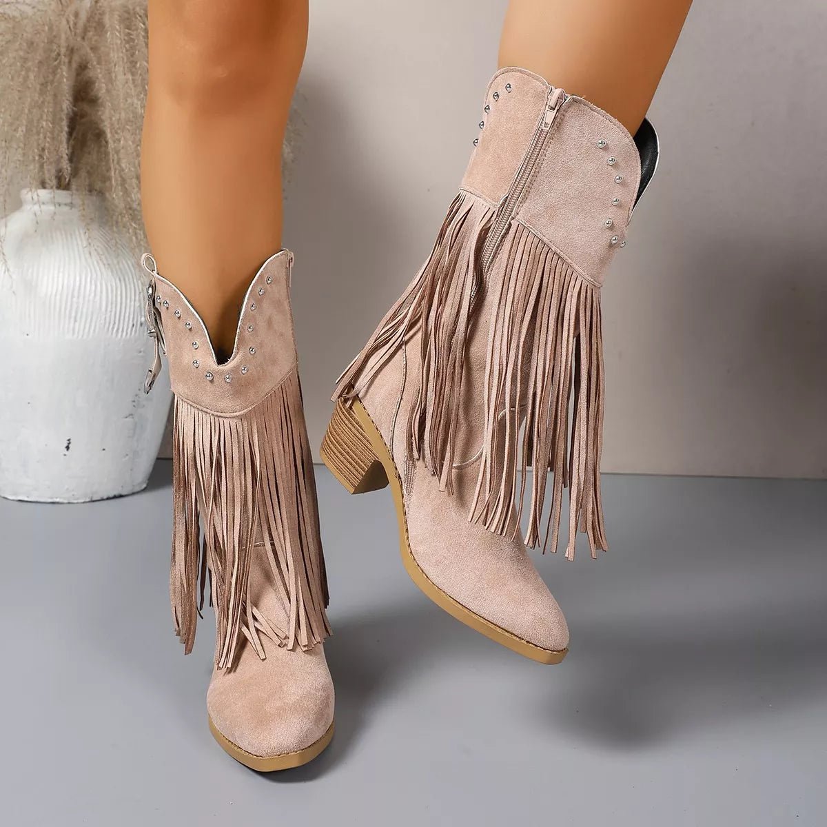 Fringe Round Toe Block Heels Boots - TheMomCo.