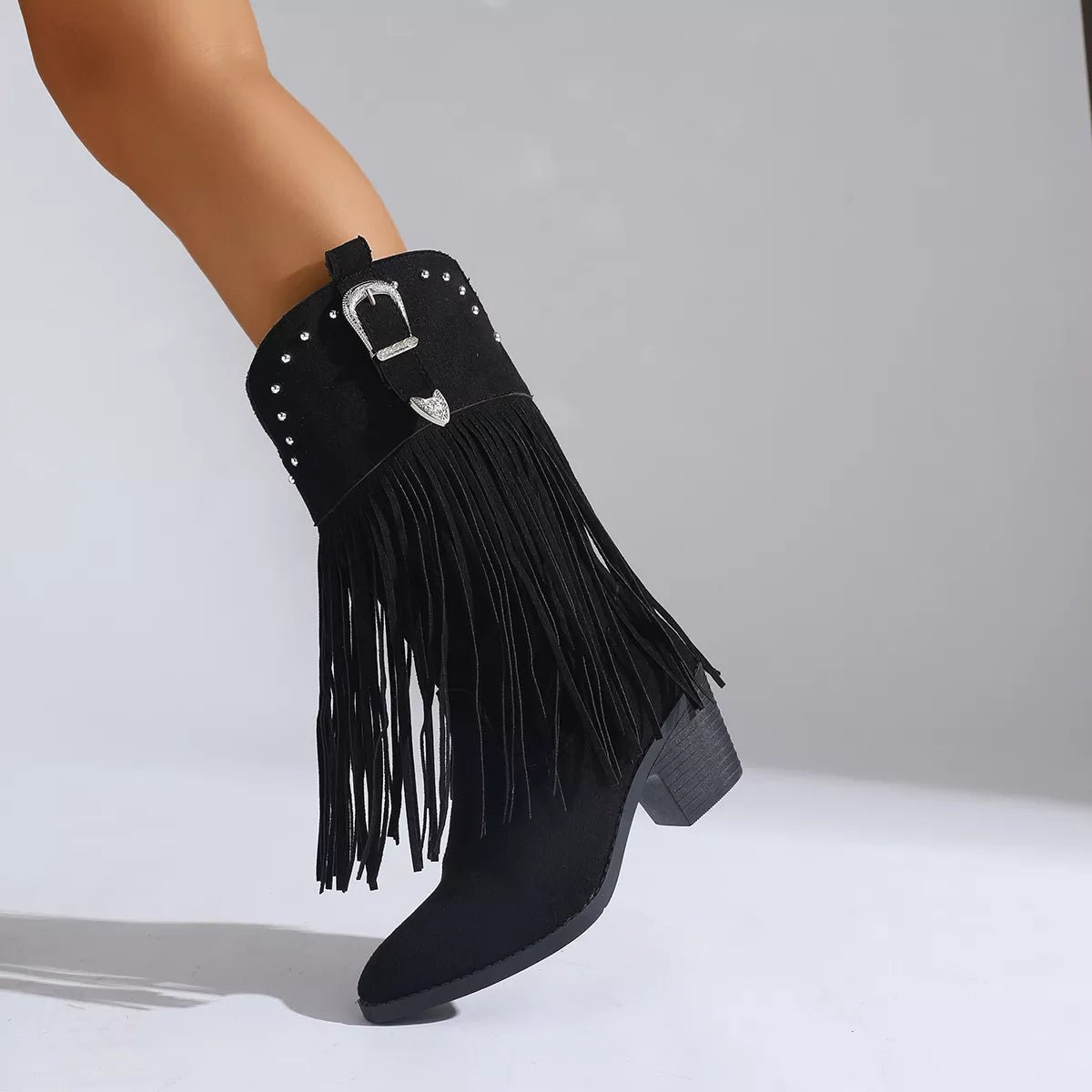 Fringe Round Toe Block Heels Boots - TheMomCo.