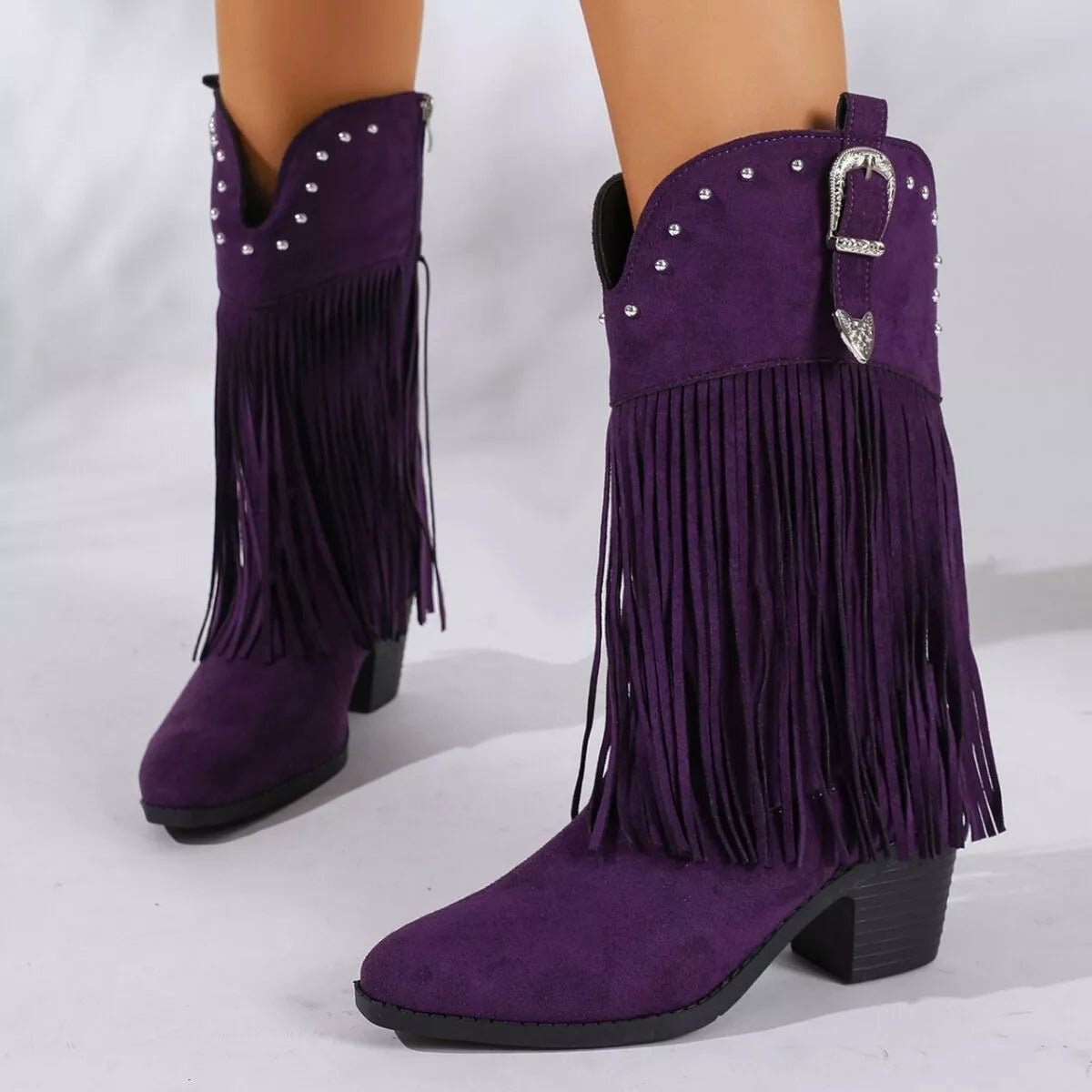 Fringe Round Toe Block Heels Boots - TheMomCo.