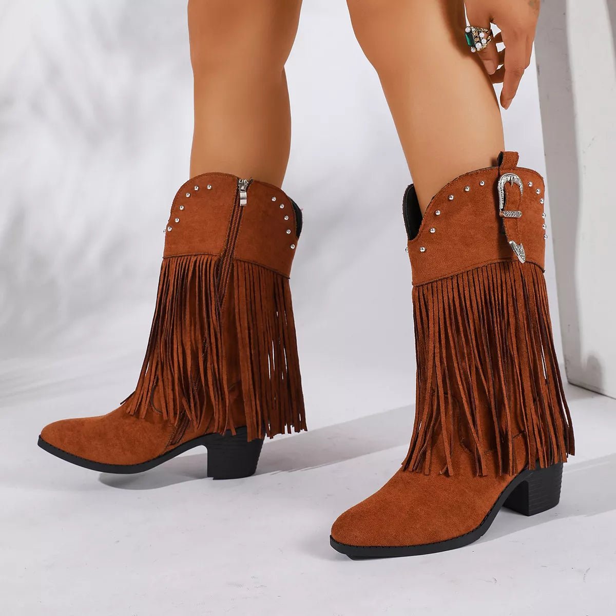Fringe Round Toe Block Heels Boots - TheMomCo.