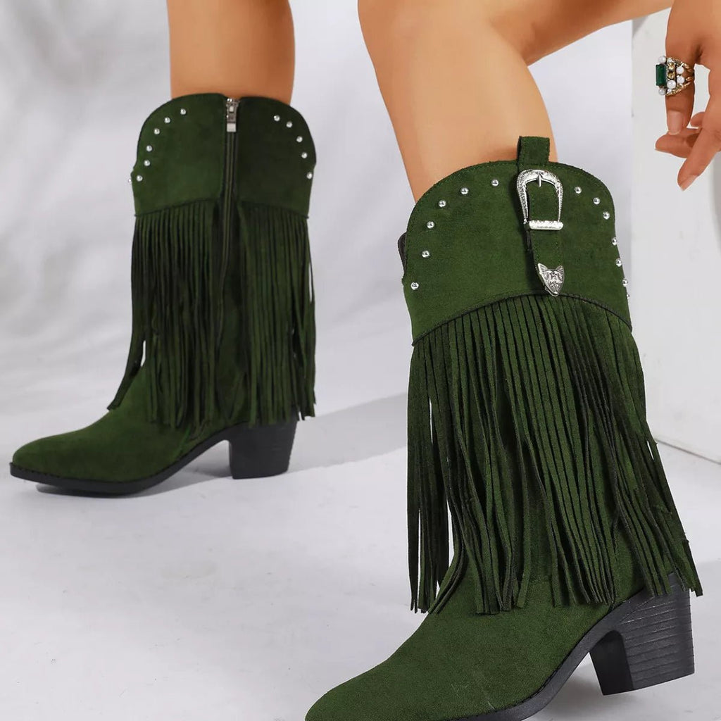 Fringe Round Toe Block Heels Boots - TheMomCo.