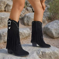 Fringe Round Toe Block Heels Boots - TheMomCo.