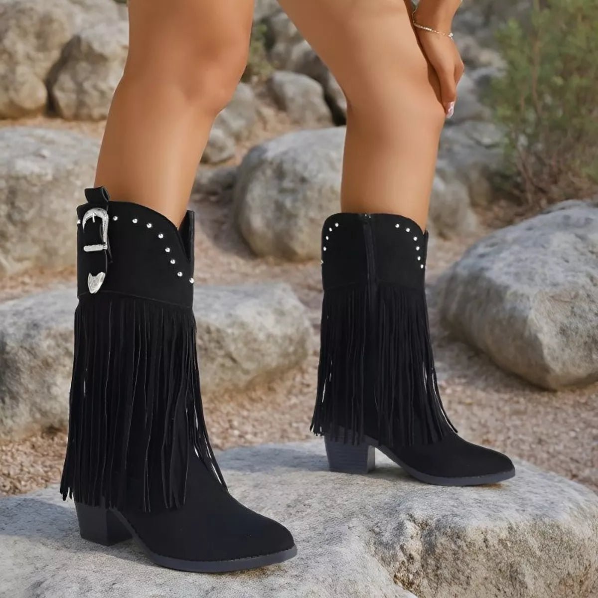Fringe Round Toe Block Heels Boots - TheMomCo.
