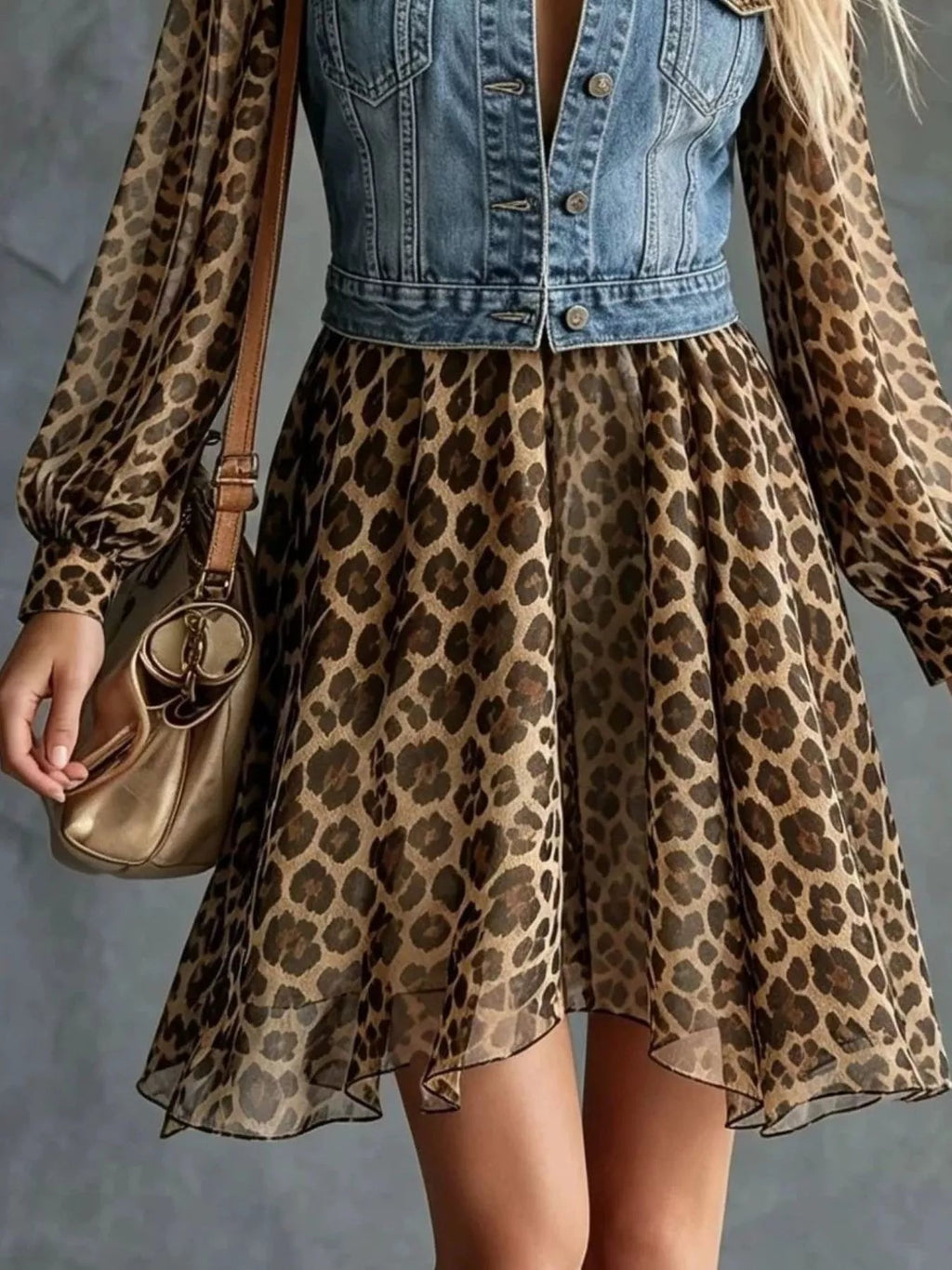 Full Size Denim Leopard Patchwork Mini Dress Plus Size - TheMomCo.