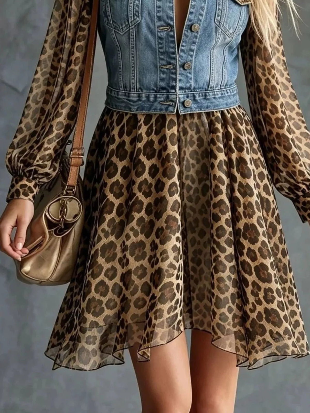 Full Size Denim Leopard Patchwork Mini Dress Plus Size - TheMomCo.