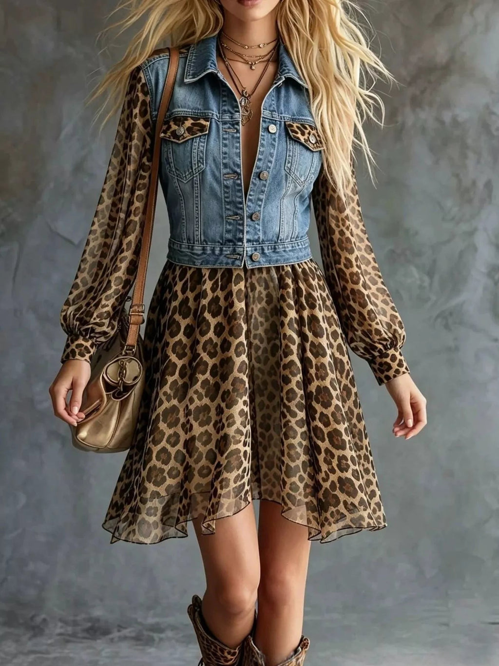 Full Size Denim Leopard Patchwork Mini Dress Plus Size - TheMomCo.