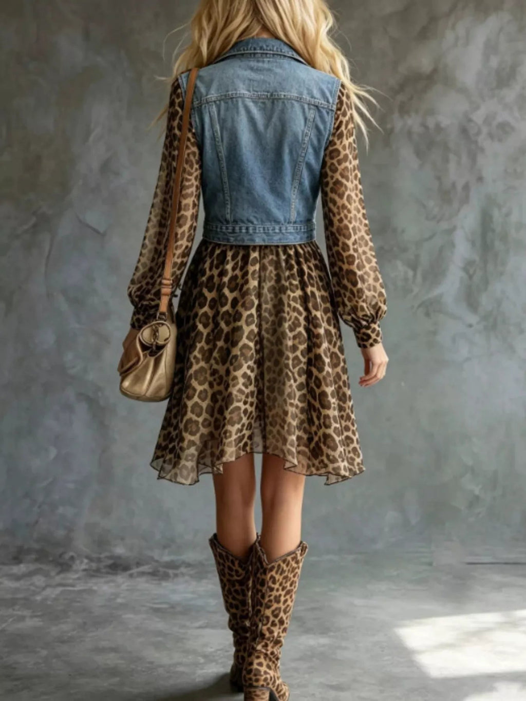 Full Size Denim Leopard Patchwork Mini Dress Plus Size - TheMomCo.