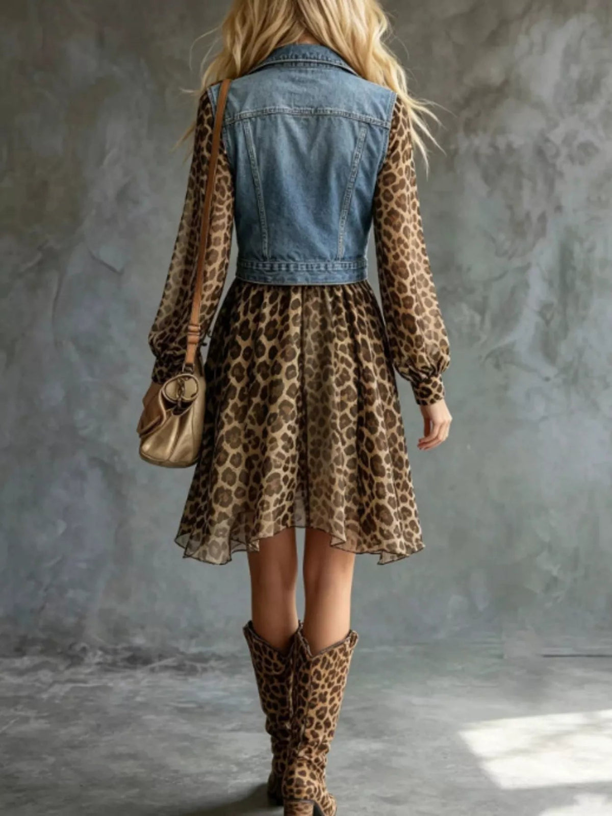 Full Size Denim Leopard Patchwork Mini Dress Plus Size - TheMomCo.