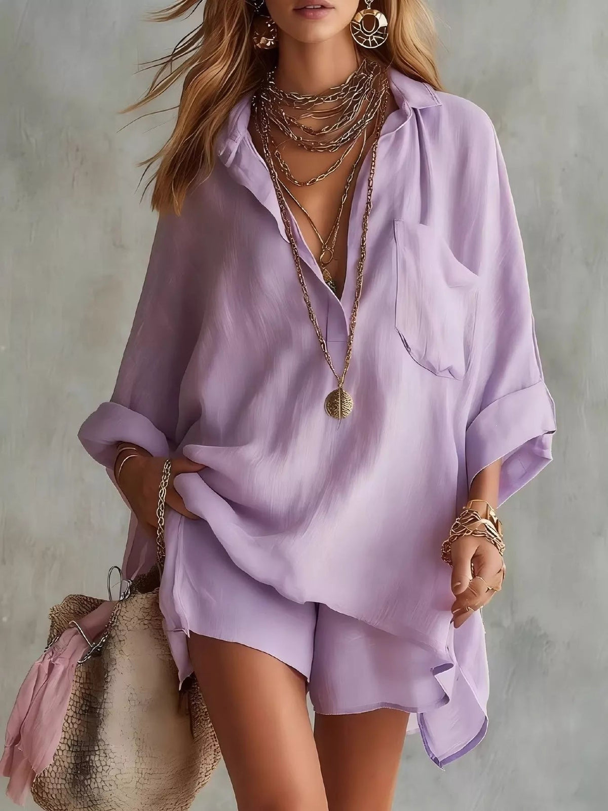 Full Size Half Button Shirt and Shorts Two-Piece Set Plus Size - TheMomCo.
