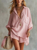 Full Size Half Button Shirt and Shorts Two-Piece Set Plus Size - TheMomCo.