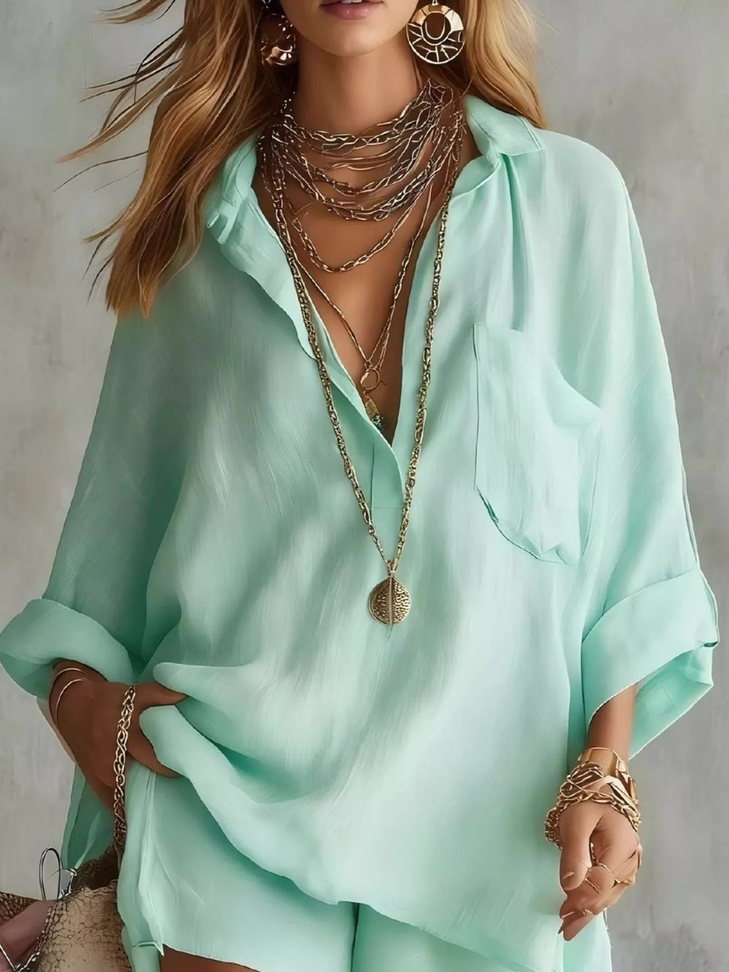 Full Size Half Button Shirt and Shorts Two-Piece Set Plus Size - TheMomCo.