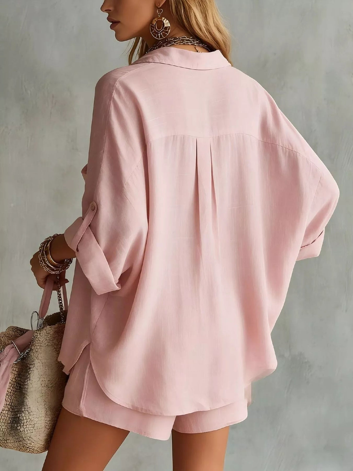 Full Size Half Button Shirt and Shorts Two-Piece Set Plus Size - TheMomCo.