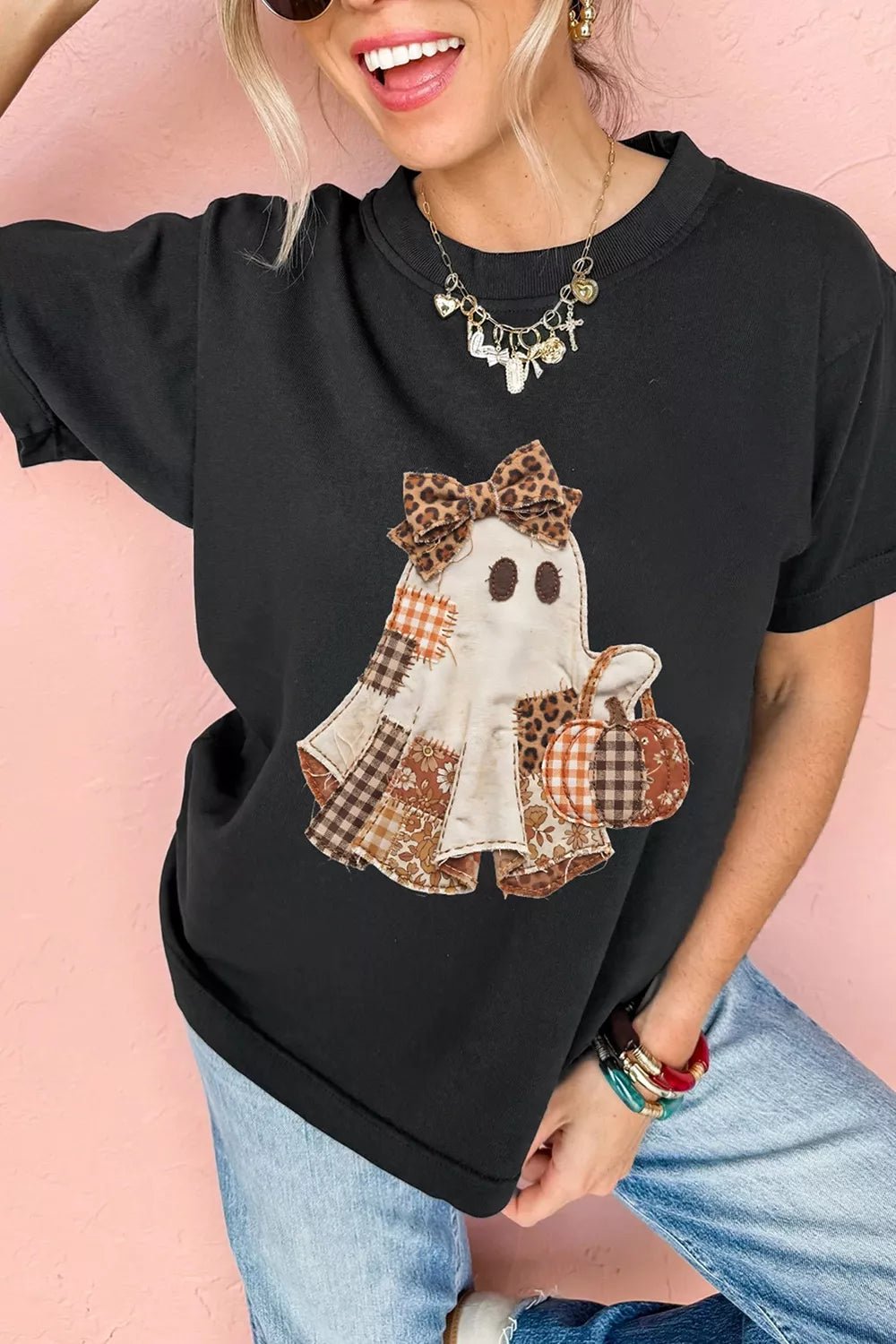 Full Size Halloween Ghost Applique Short Sleeve T-Shirt Plus Size - TheMomCo.