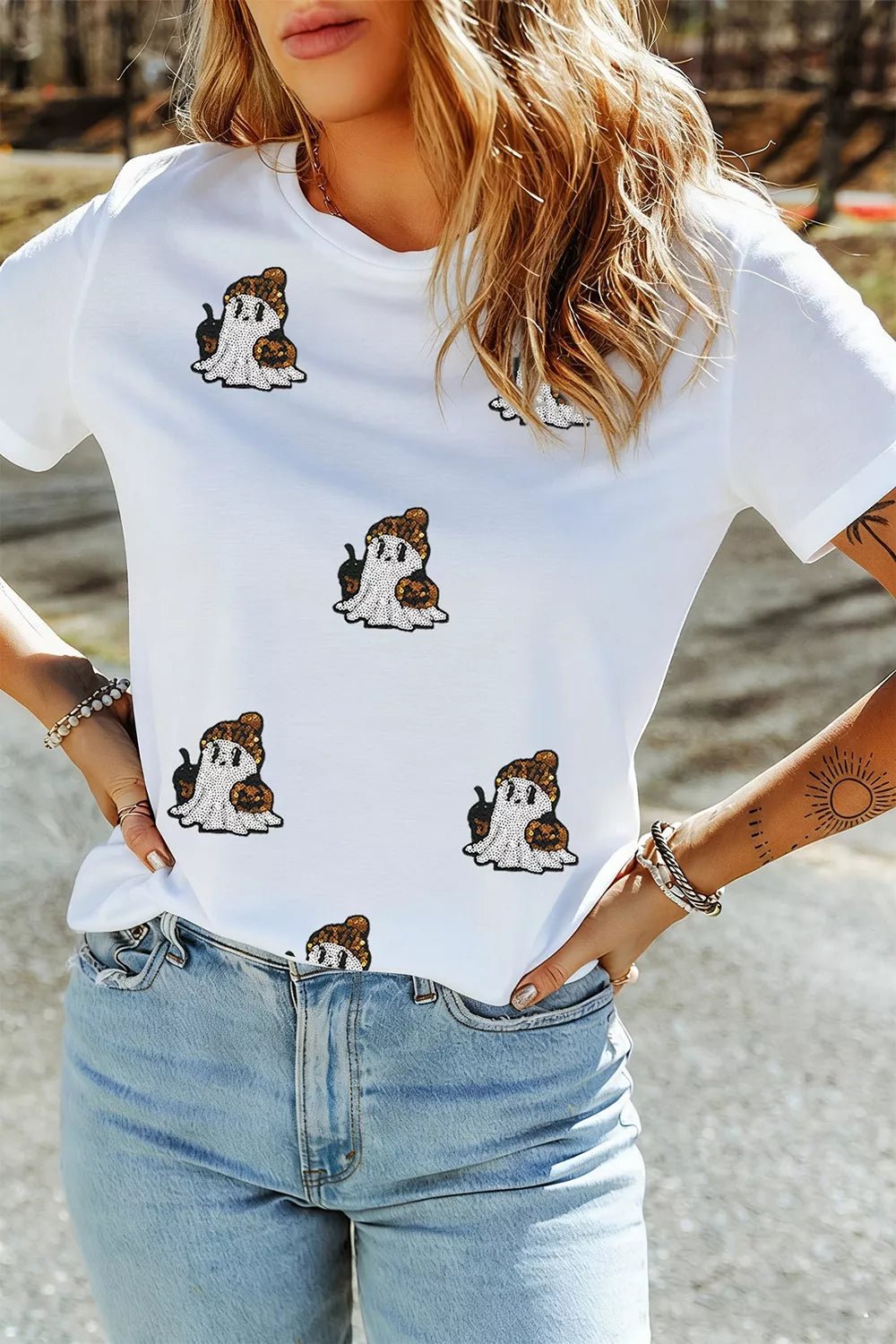Full Size Halloween Sequin Ghost Print Short Sleeve Casual T-Shirt Plus Size - TheMomCo.