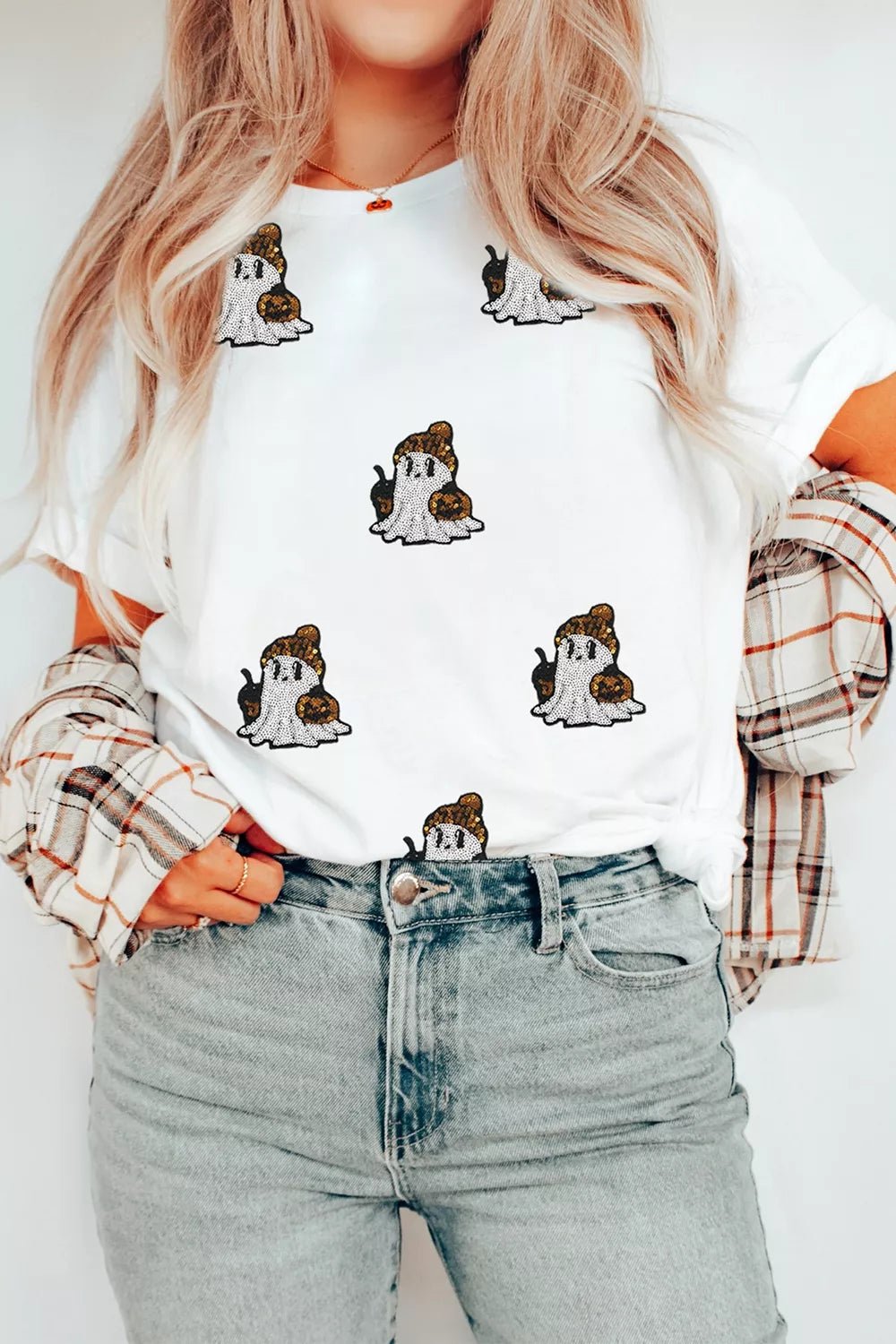Full Size Halloween Sequin Ghost Print Short Sleeve Casual T-Shirt Plus Size - TheMomCo.
