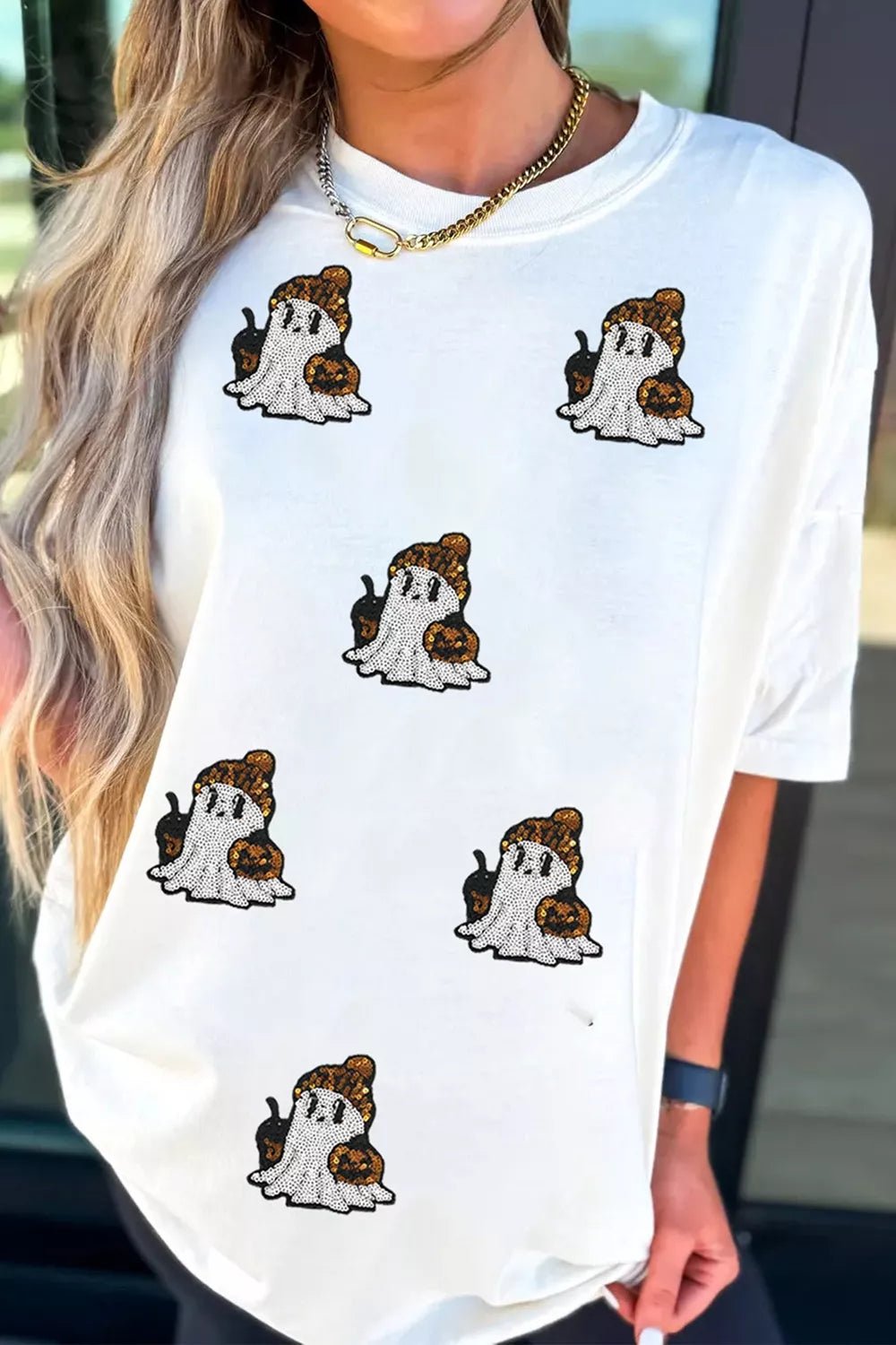Full Size Halloween Sequin Ghost Print Short Sleeve Casual T-Shirt Plus Size - TheMomCo.